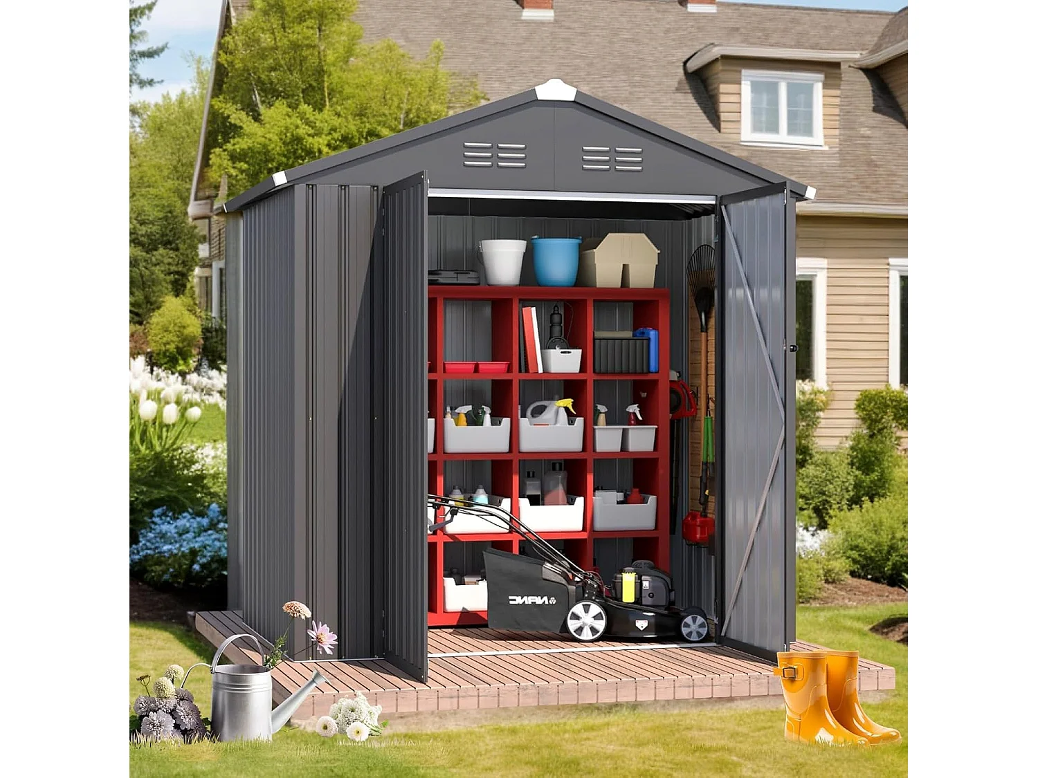 YODOLLA Metall Gerätehaus mit Satteldach,193x116x 96cm Geräteschuppen Garten Schuppen mit Lüftungsschlitzen für Fahrrad,Werkzeug,Rasenmäher,Dunkelgrau