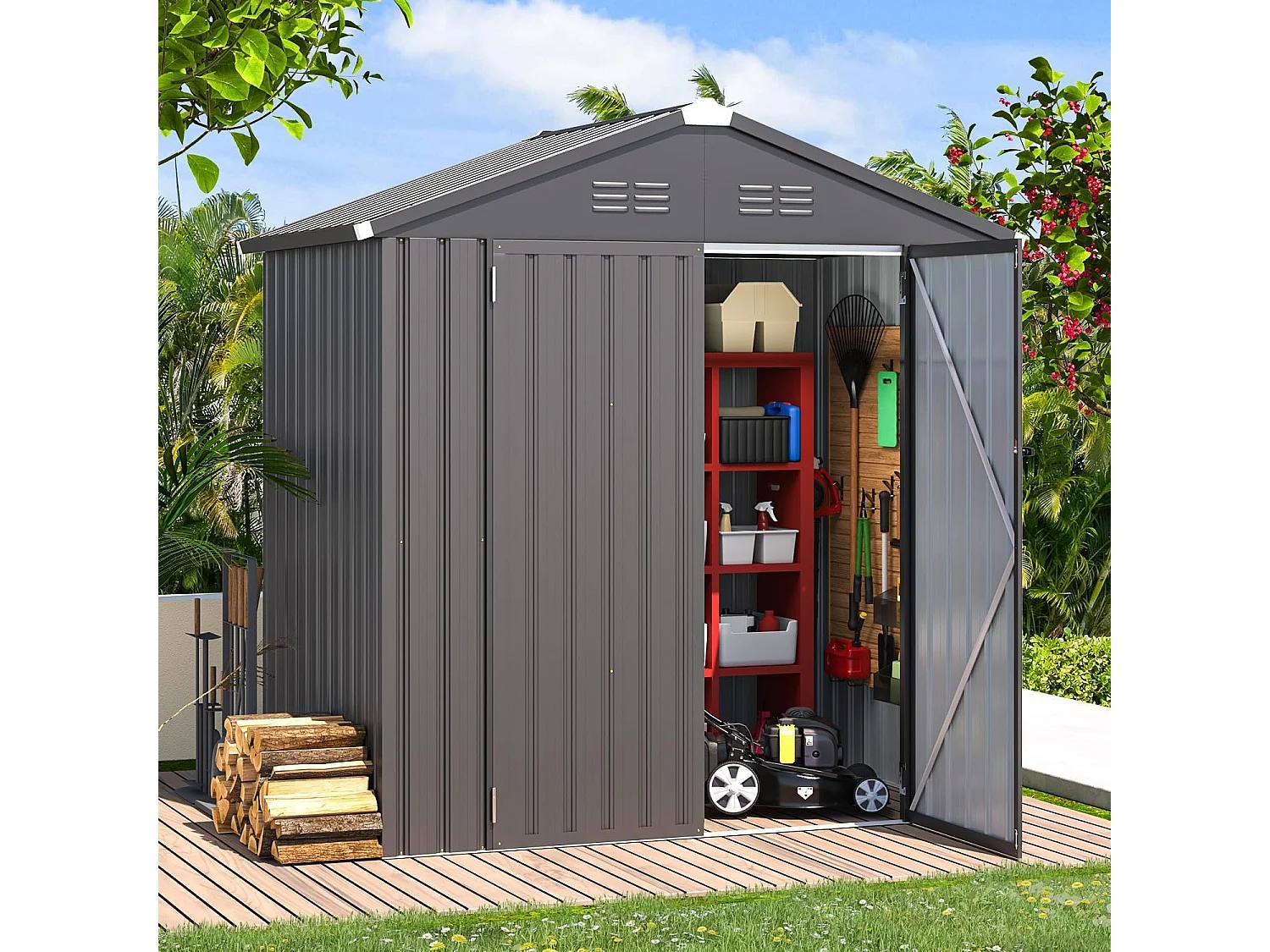 YODOLLA Metall Gerätehaus mit Satteldach,193x116x 96cm Geräteschuppen Garten Schuppen mit Lüftungsschlitzen für Fahrrad,Werkzeug,Rasenmäher,Dunkelgrau