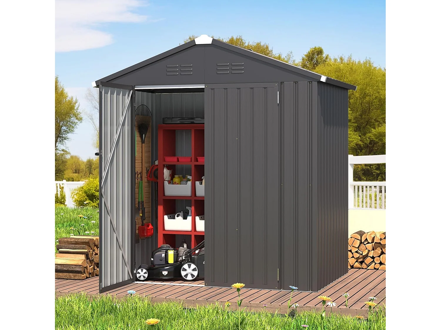 YODOLLA Metall Gerätehaus mit Satteldach,193x116x 96cm Geräteschuppen Garten Schuppen mit Lüftungsschlitzen für Fahrrad,Werkzeug,Rasenmäher,Dunkelgrau