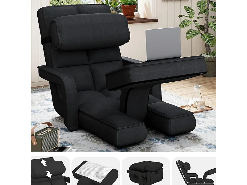 YODOLLA Verstellbarer Bodenstuhl mit Armlehnen, zusammenklappbar mit Kissen & Fußstütze für Schlafzimmer, Büro und Zuhause, Schwarz