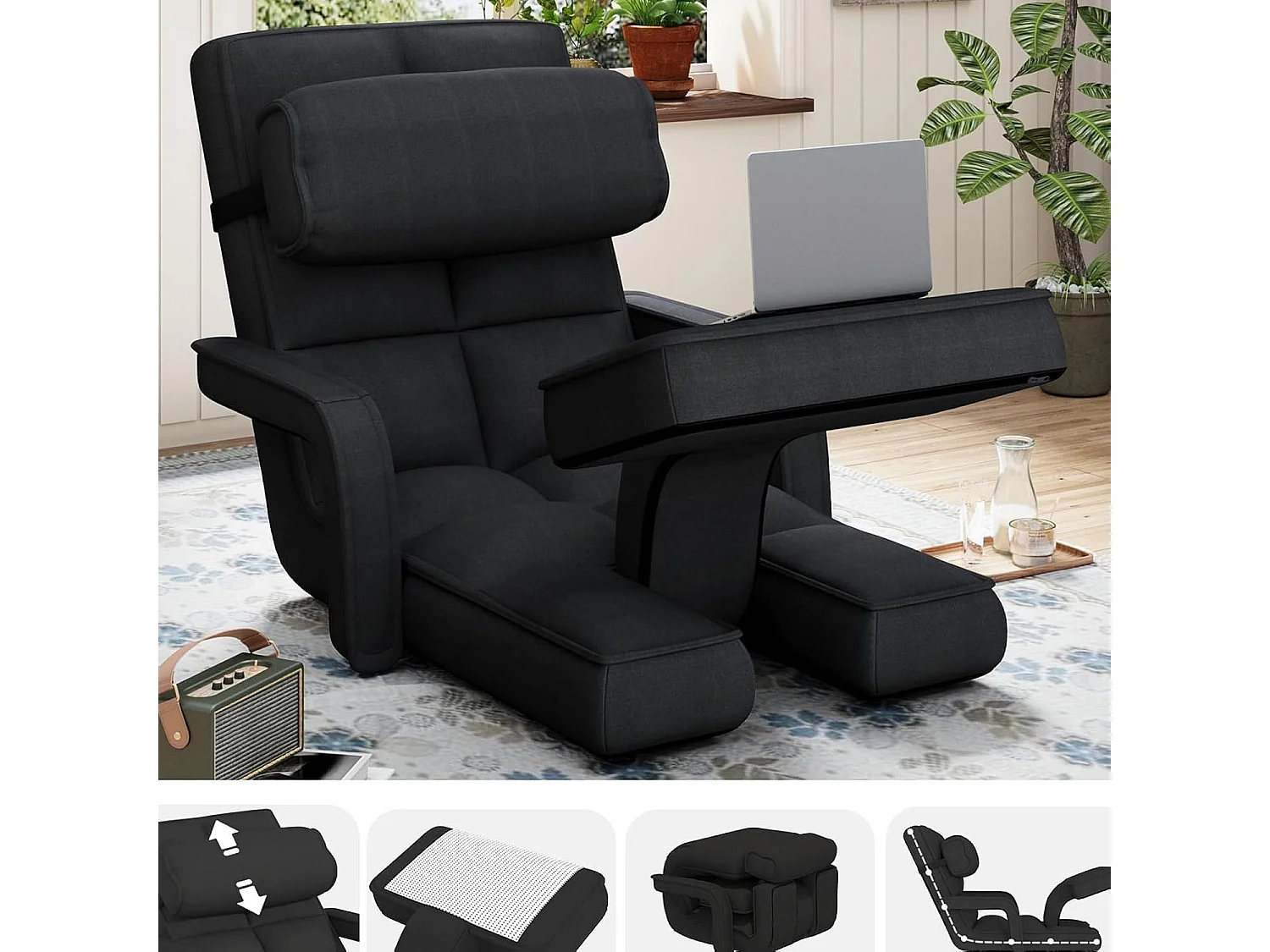 YODOLLA Verstellbarer Bodenstuhl mit Armlehnen, zusammenklappbar mit Kissen & Fußstütze für Schlafzimmer, Büro und Zuhause, Schwarz