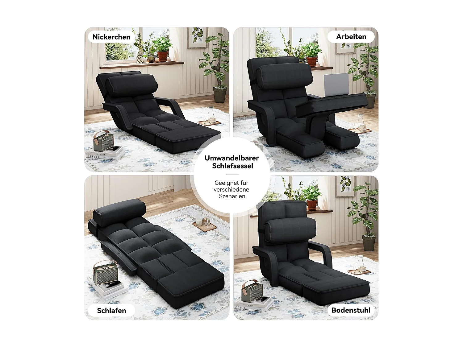 YODOLLA Verstellbarer Bodenstuhl mit Armlehnen, zusammenklappbar mit Kissen & Fußstütze für Schlafzimmer, Büro und Zuhause, Schwarz