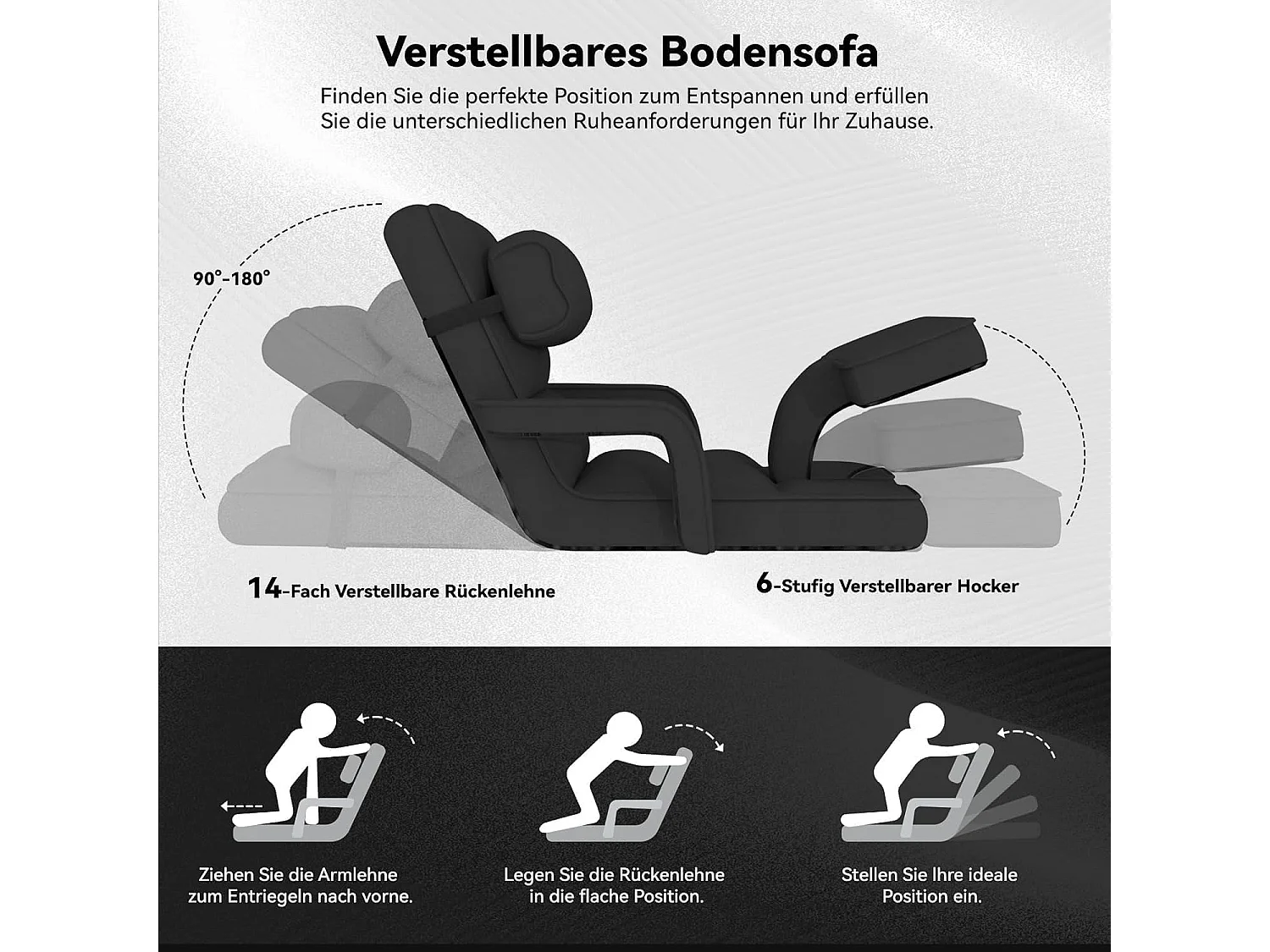 YODOLLA Verstellbarer Bodenstuhl mit Armlehnen, zusammenklappbar mit Kissen & Fußstütze für Schlafzimmer, Büro und Zuhause, Schwarz
