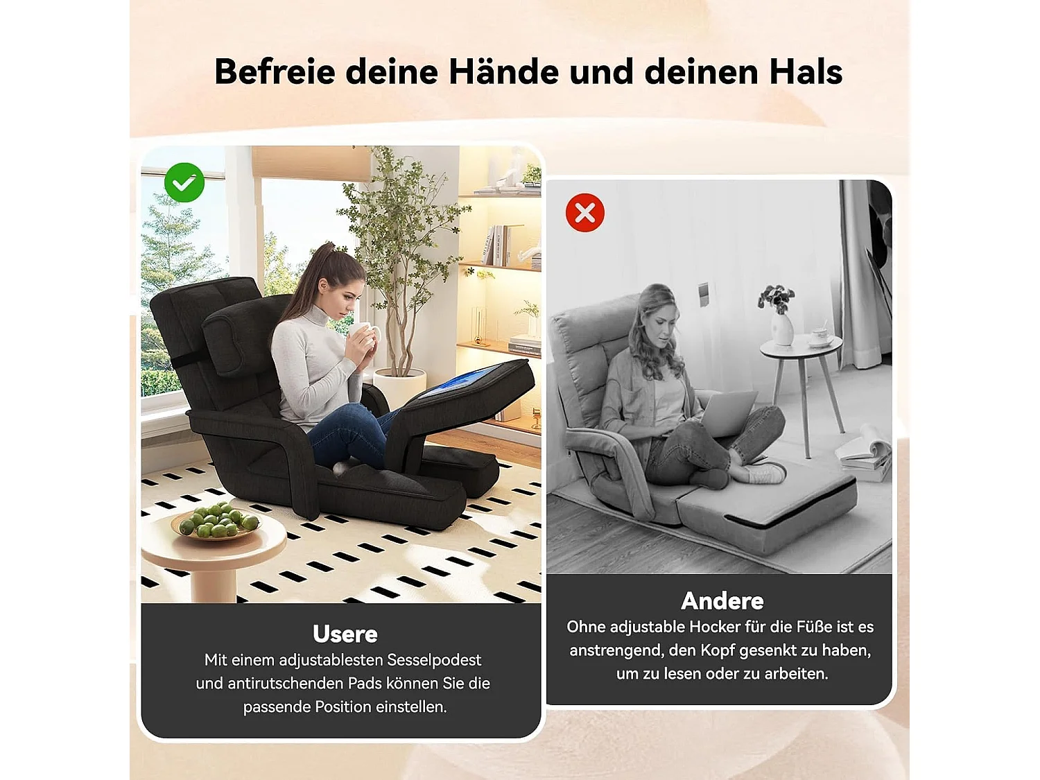 YODOLLA Verstellbarer Bodenstuhl mit Armlehnen, zusammenklappbar mit Kissen & Fußstütze für Schlafzimmer, Büro und Zuhause, Schwarz