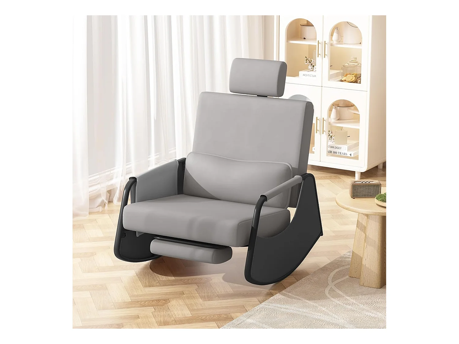 YODOLLA Schaukelstuhl mit 3-fach verstellbarer Rückenlehne, einziehbarer Fußstütze, Kopfstütze & Seitentasche, Graues Leder