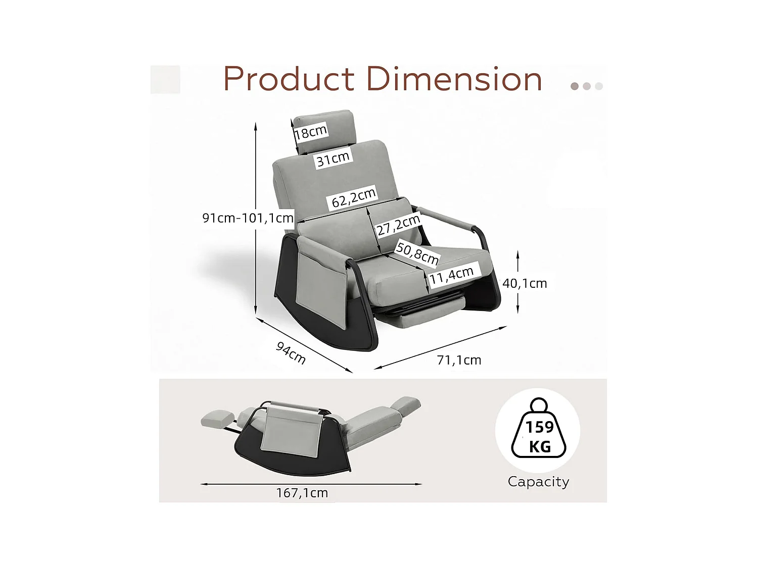 YODOLLA Schaukelstuhl mit 3-fach verstellbarer Rückenlehne, einziehbarer Fußstütze, Kopfstütze & Seitentasche, Graues Leder