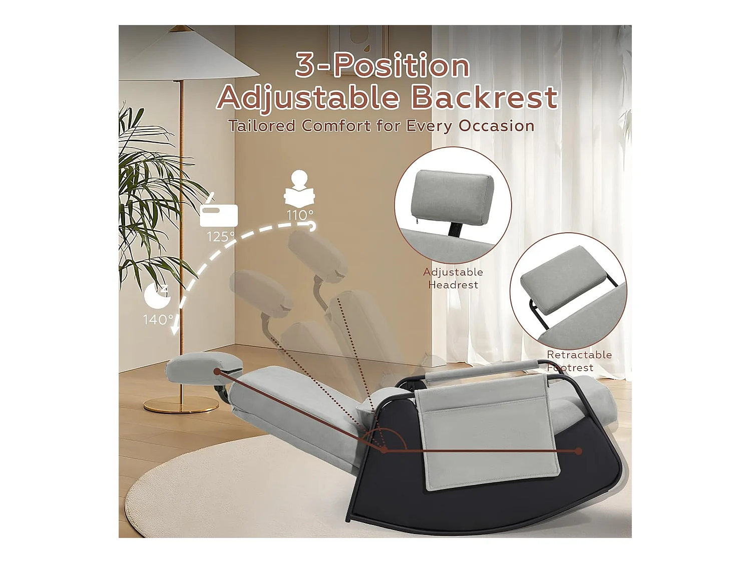 YODOLLA Schaukelstuhl mit 3-fach verstellbarer Rückenlehne, einziehbarer Fußstütze, Kopfstütze & Seitentasche, Graues Leder