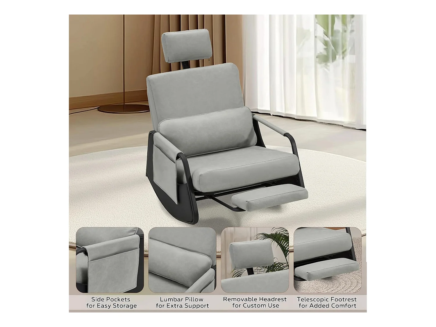 YODOLLA Schaukelstuhl mit 3-fach verstellbarer Rückenlehne, einziehbarer Fußstütze, Kopfstütze & Seitentasche, Graues Leder