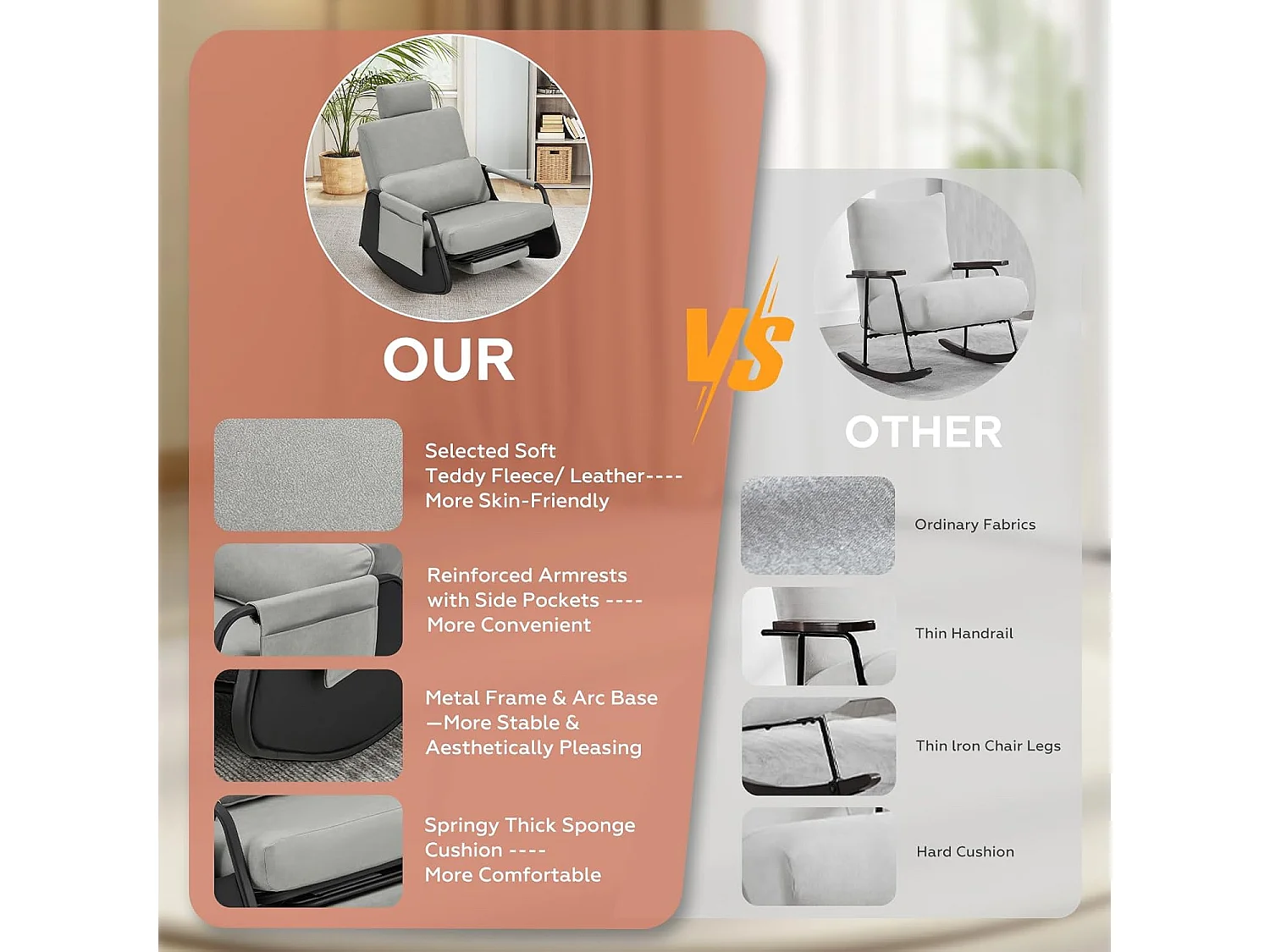 YODOLLA Schaukelstuhl mit 3-fach verstellbarer Rückenlehne, einziehbarer Fußstütze, Kopfstütze & Seitentasche, Graues Leder