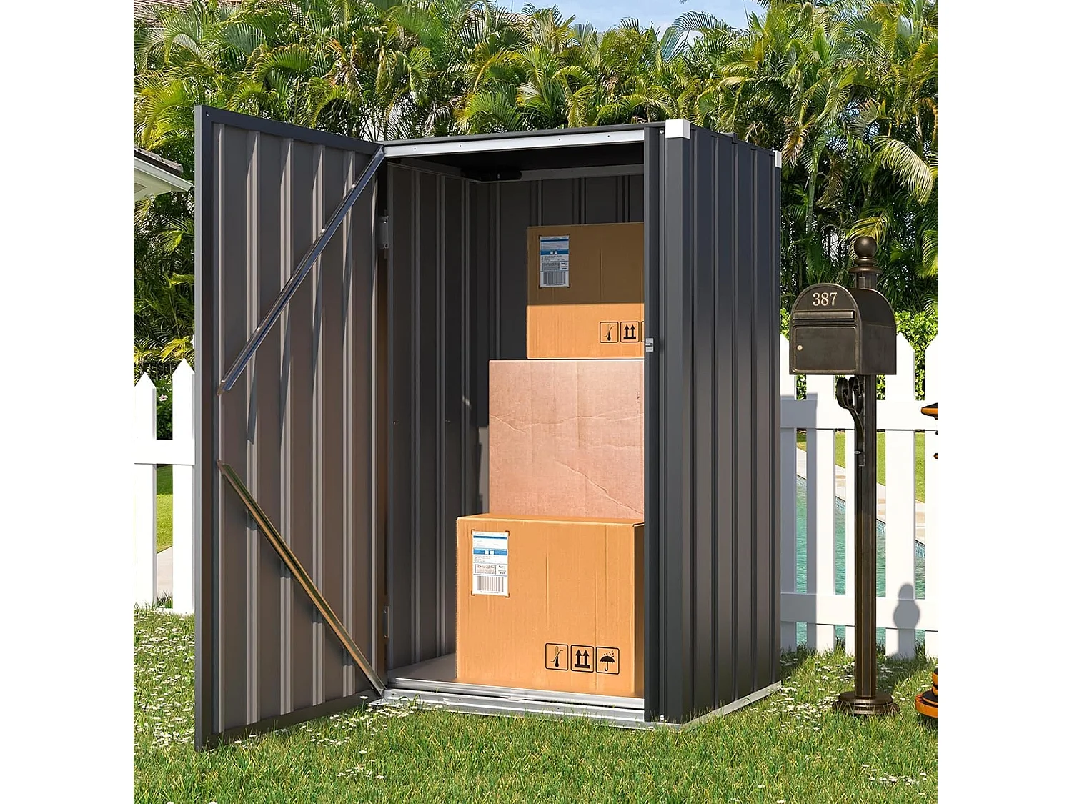 YODOLLA Gartenschrank, 76x55x144cm Einzel-Tür Außenschrank wetterfest, Stabil Metall Paketzustellkasten & Lagerung mit Schloss für Garten, Dunkelgrau