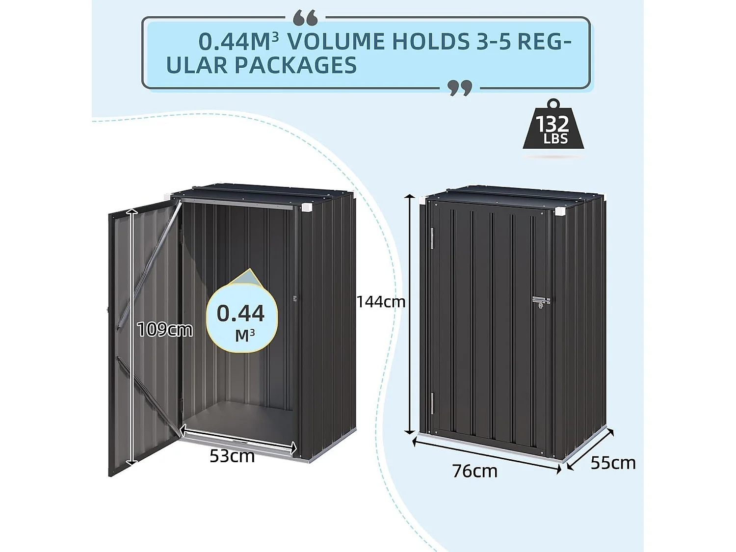 YODOLLA Gartenschrank, 76x55x144cm Einzel-Tür Außenschrank wetterfest, Stabil Metall Paketzustellkasten & Lagerung mit Schloss für Garten, Dunkelgrau