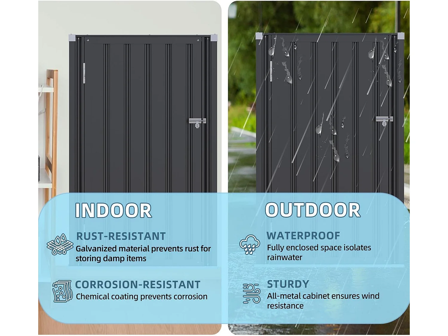 YODOLLA Gartenschrank, 76x55x144cm Einzel-Tür Außenschrank wetterfest, Stabil Metall Paketzustellkasten & Lagerung mit Schloss für Garten, Dunkelgrau