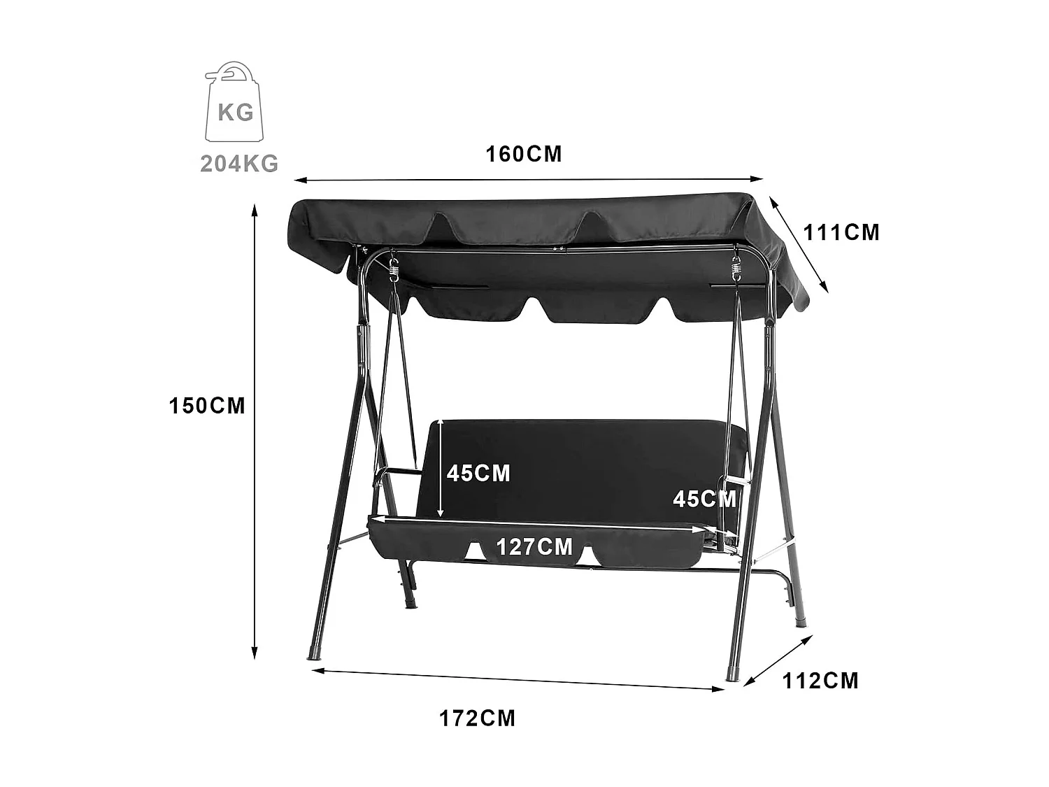 YODOLLA 3-Sitzer Hollywoodschaukel mit verstellbarem Vordach & abnehmbarem Kissen,Anti-Rutsch-Füßen - 172x112x150 cm - Für Garten,Terrasse und Poolbereich,Schwarz