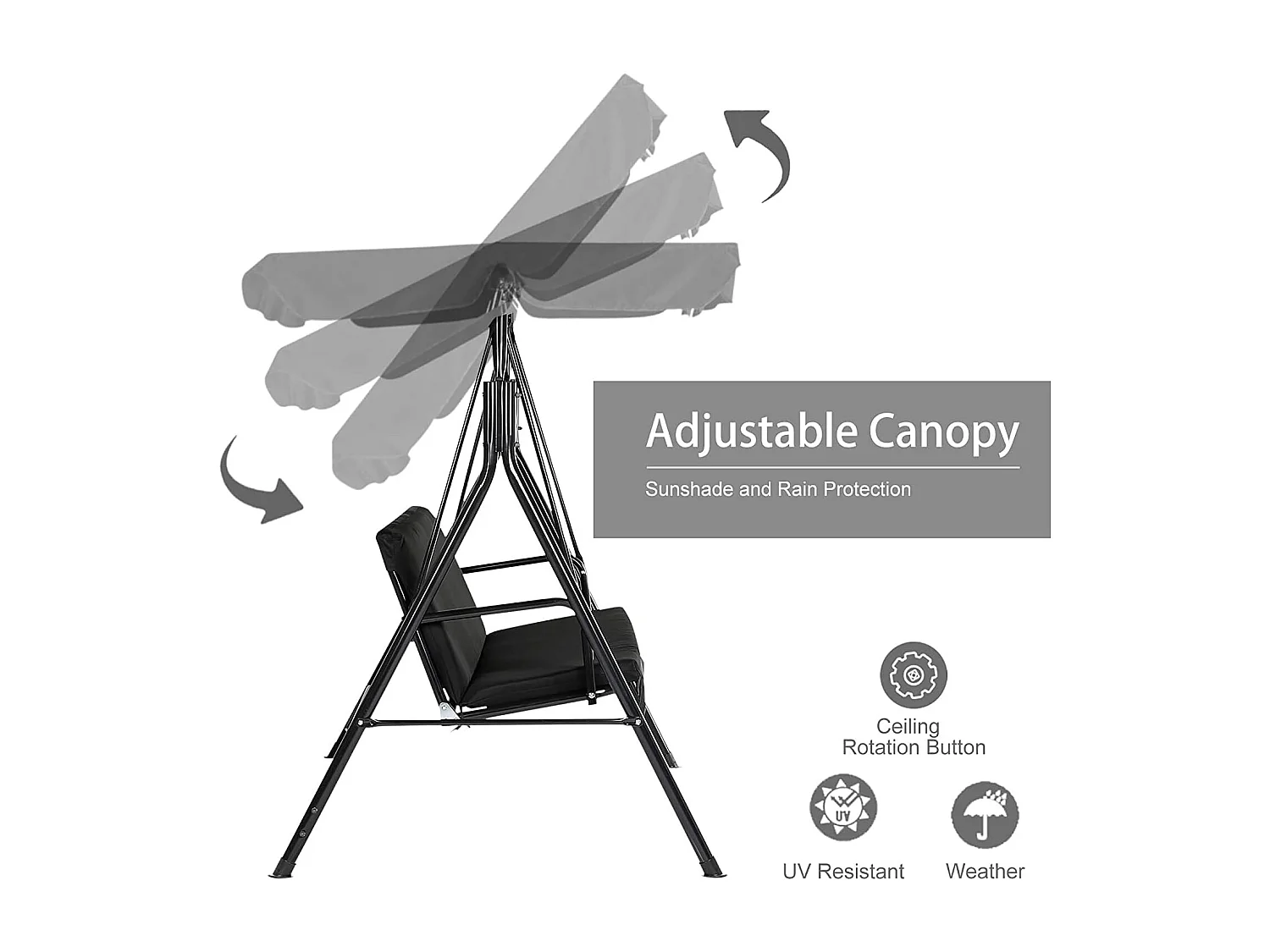 YODOLLA 3-Sitzer Hollywoodschaukel mit verstellbarem Vordach & abnehmbarem Kissen,Anti-Rutsch-Füßen - 172x112x150 cm - Für Garten,Terrasse und Poolbereich,Schwarz