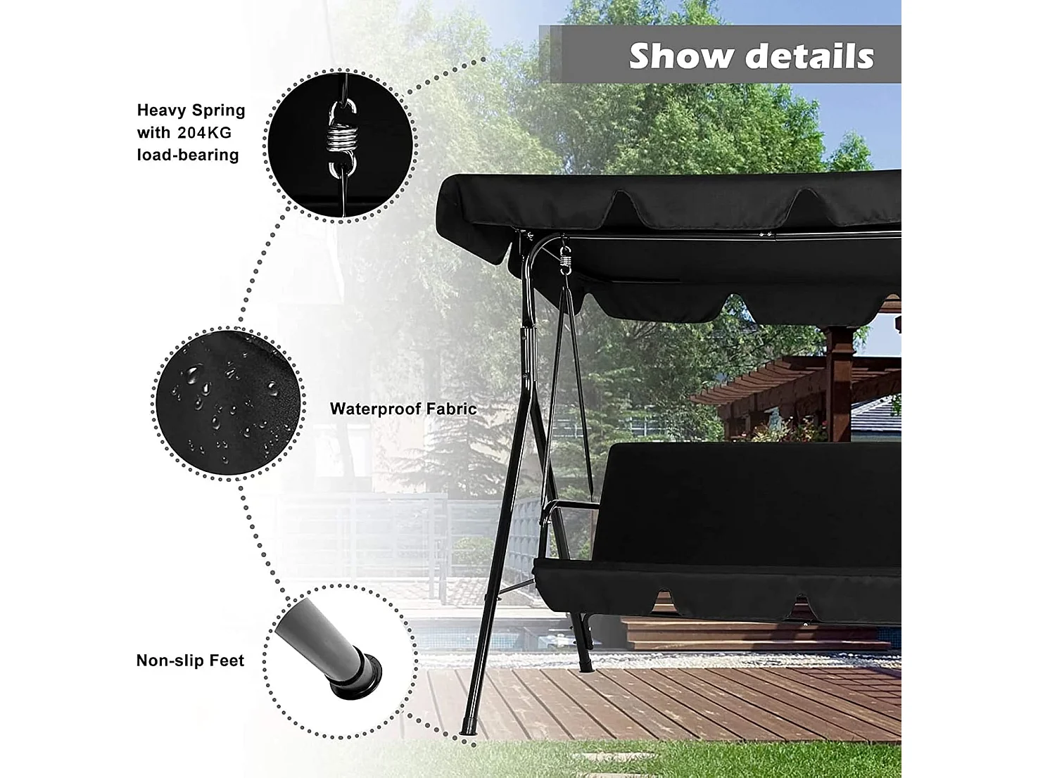 YODOLLA 3-Sitzer Hollywoodschaukel mit verstellbarem Vordach & abnehmbarem Kissen,Anti-Rutsch-Füßen - 172x112x150 cm - Für Garten,Terrasse und Poolbereich,Schwarz