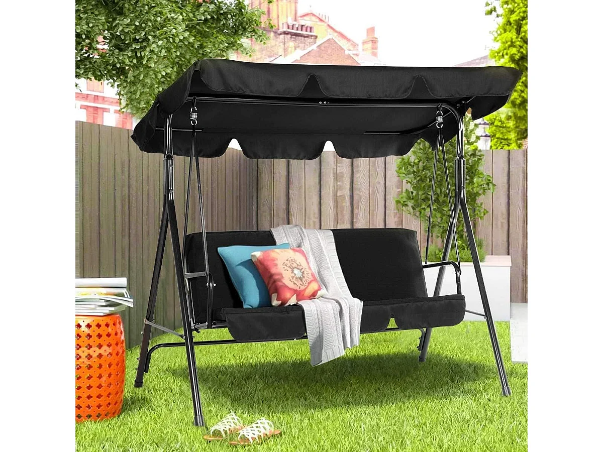 YODOLLA 3-Sitzer Hollywoodschaukel mit verstellbarem Vordach & abnehmbarem Kissen,Anti-Rutsch-Füßen - 172x112x150 cm - Für Garten,Terrasse und Poolbereich,Schwarz
