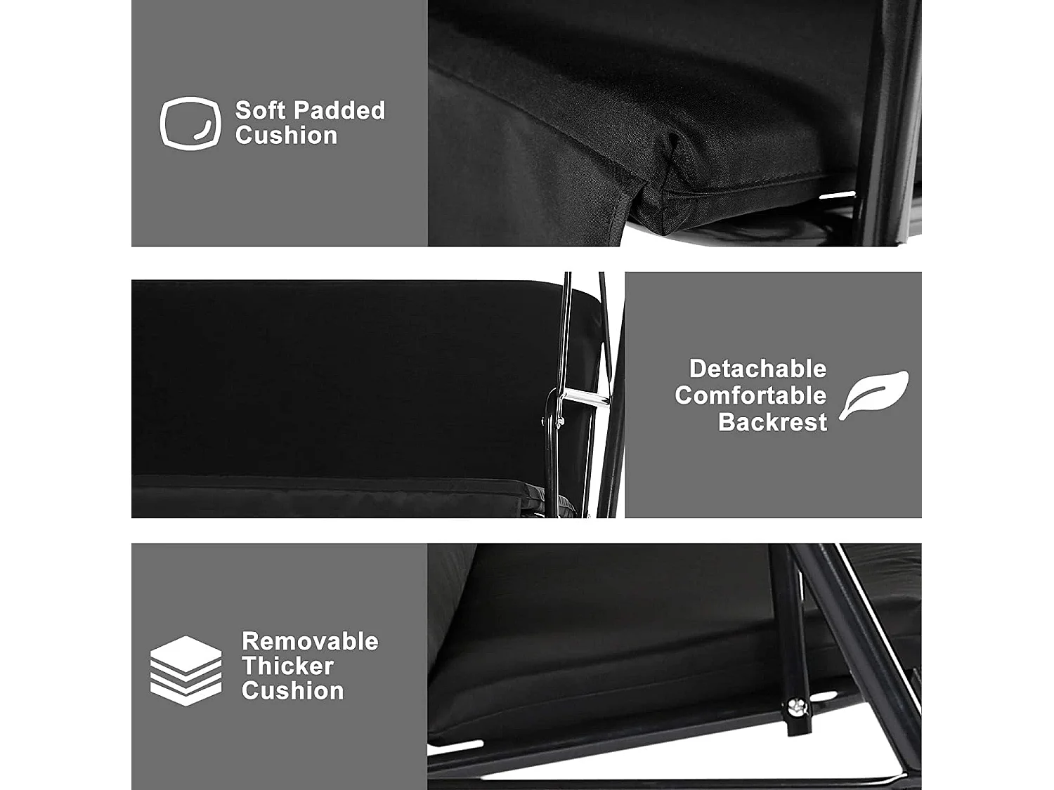 YODOLLA 3-Sitzer Hollywoodschaukel mit verstellbarem Vordach & abnehmbarem Kissen,Anti-Rutsch-Füßen - 172x112x150 cm - Für Garten,Terrasse und Poolbereich,Schwarz