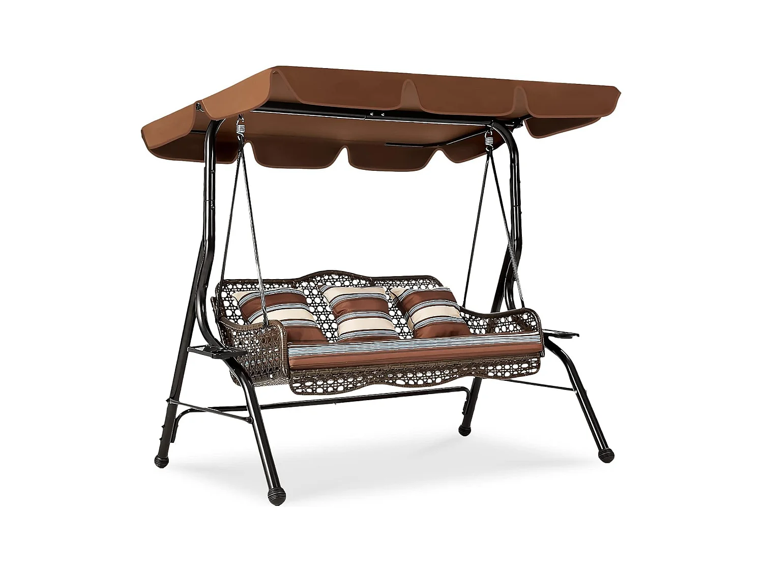 YODOLLA 3-Sitzer Hollywoodschaukel mit verstellbarem Baldachin, 2 Seitentabletts & Kissen - Rattan-Gartenschaukel mit Ständer für Balkon, Terrasse und Garten