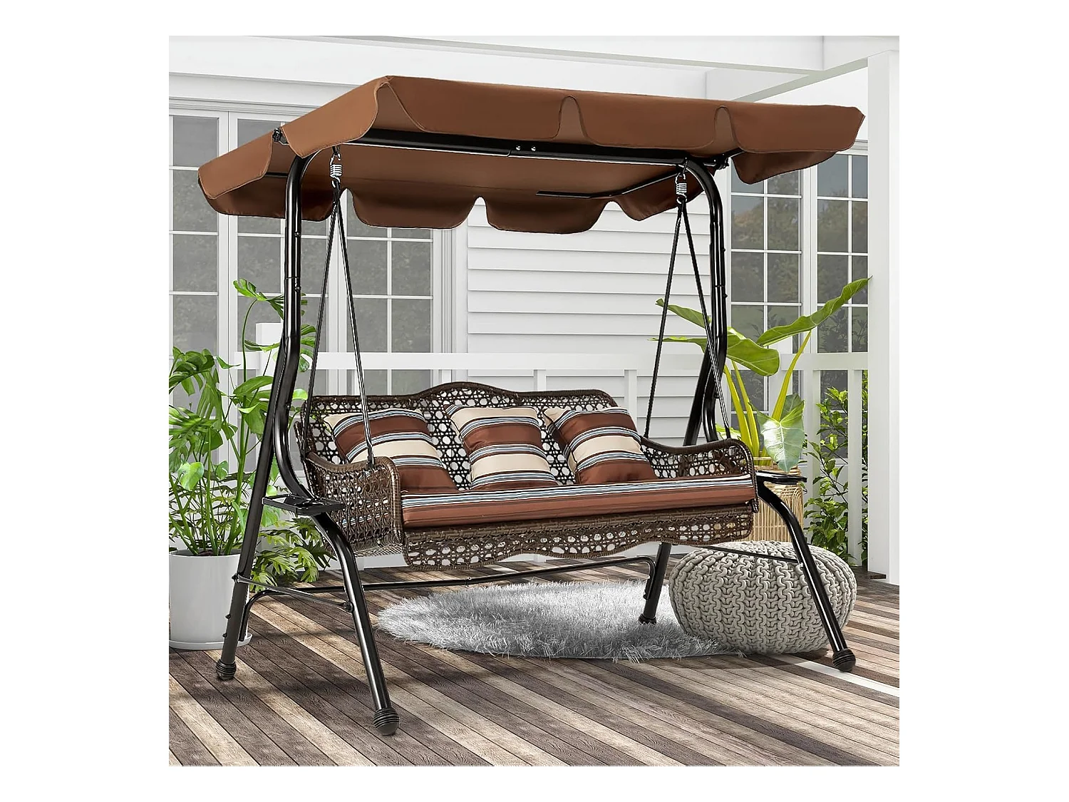 YODOLLA 3-Sitzer Hollywoodschaukel mit verstellbarem Baldachin, 2 Seitentabletts & Kissen - Rattan-Gartenschaukel mit Ständer für Balkon, Terrasse und Garten