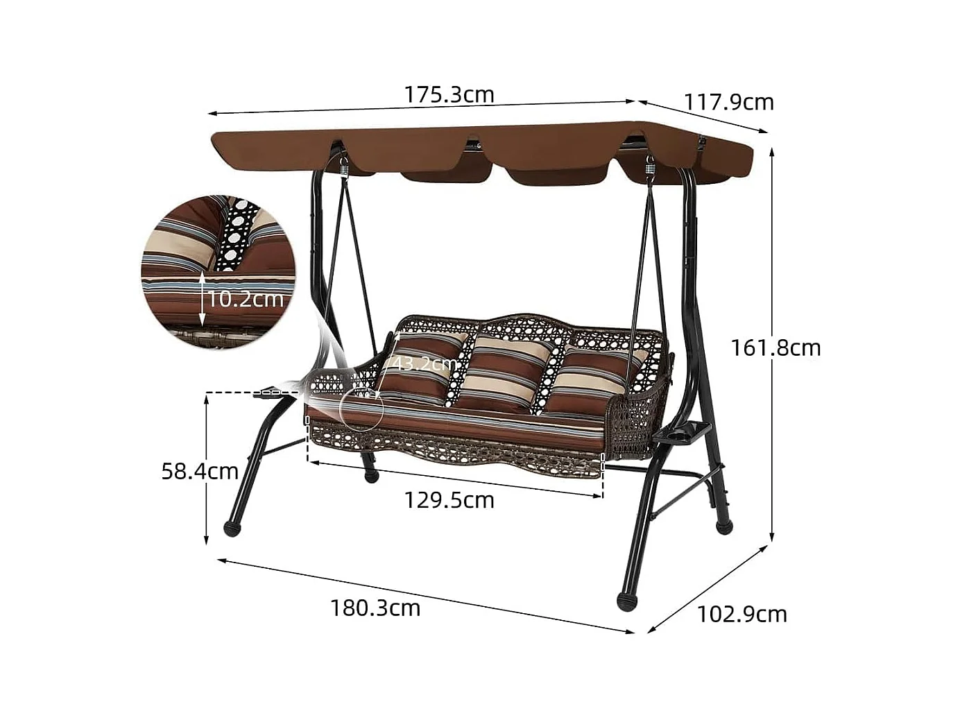 YODOLLA 3-Sitzer Hollywoodschaukel mit verstellbarem Baldachin, 2 Seitentabletts & Kissen - Rattan-Gartenschaukel mit Ständer für Balkon, Terrasse und Garten