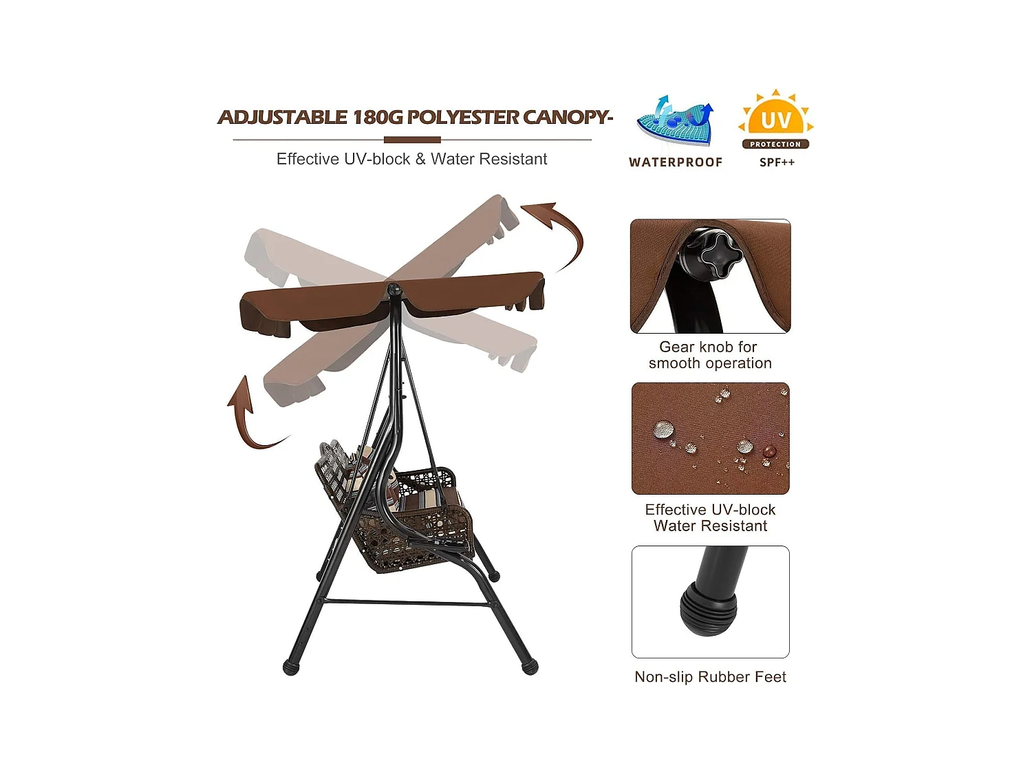 YODOLLA 3-Sitzer Hollywoodschaukel mit verstellbarem Baldachin, 2 Seitentabletts & Kissen - Rattan-Gartenschaukel mit Ständer für Balkon, Terrasse und Garten