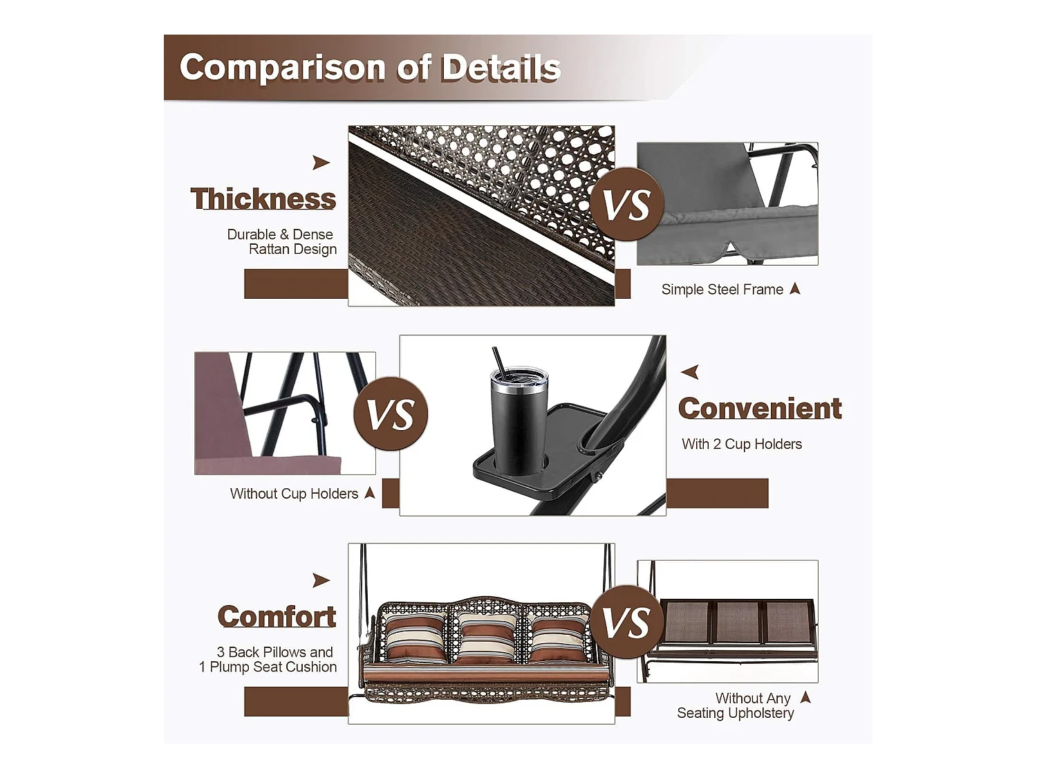 YODOLLA 3-Sitzer Hollywoodschaukel mit verstellbarem Baldachin, 2 Seitentabletts & Kissen - Rattan-Gartenschaukel mit Ständer für Balkon, Terrasse und Garten