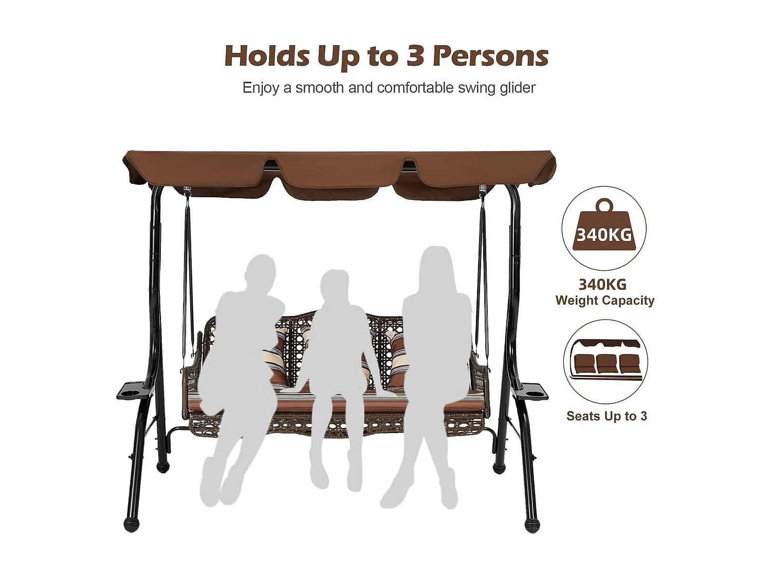 YODOLLA 3-Sitzer Hollywoodschaukel mit verstellbarem Baldachin, 2 Seitentabletts & Kissen - Rattan-Gartenschaukel mit Ständer für Balkon, Terrasse und Garten