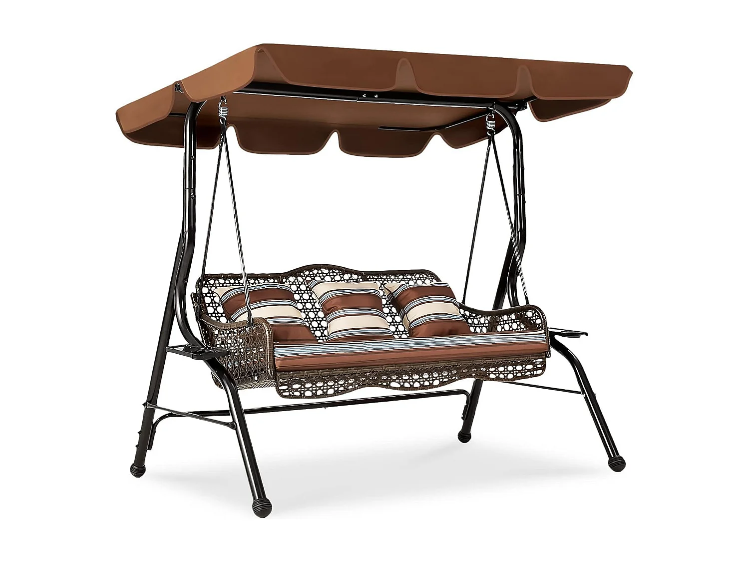 YODOLLA 3-Sitzer Hollywoodschaukel mit verstellbarem Baldachin, 2 Seitentabletts & Kissen - Rattan-Gartenschaukel mit Ständer für Balkon, Terrasse und Garten