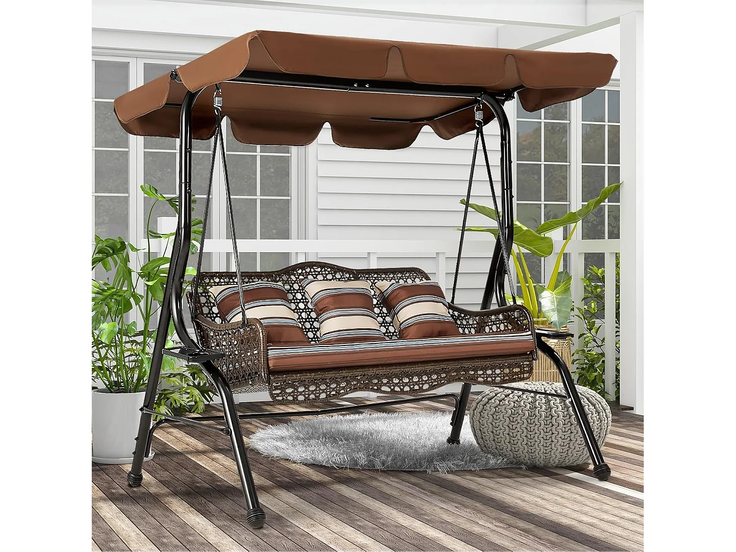 YODOLLA 3-Sitzer Hollywoodschaukel mit verstellbarem Baldachin, 2 Seitentabletts & Kissen - Rattan-Gartenschaukel mit Ständer für Balkon, Terrasse und Garten