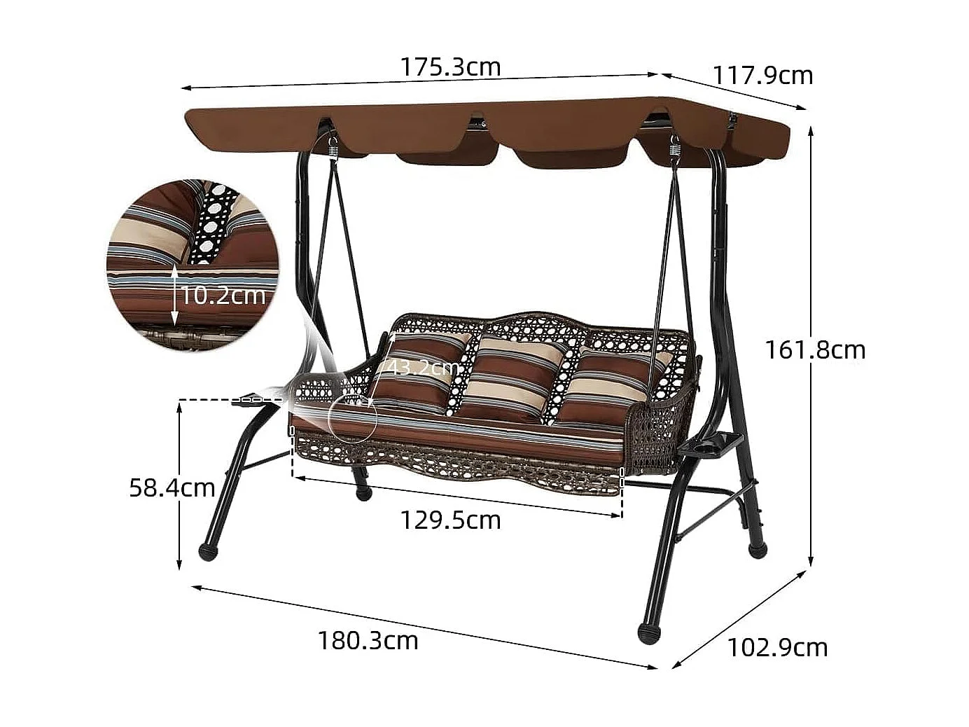 YODOLLA 3-Sitzer Hollywoodschaukel mit verstellbarem Baldachin, 2 Seitentabletts & Kissen - Rattan-Gartenschaukel mit Ständer für Balkon, Terrasse und Garten