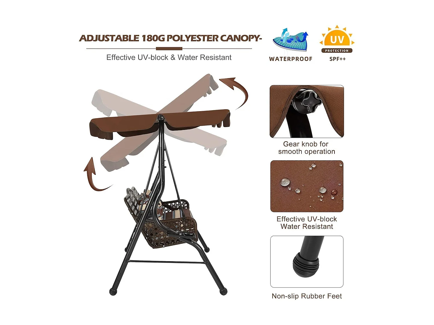 YODOLLA 3-Sitzer Hollywoodschaukel mit verstellbarem Baldachin, 2 Seitentabletts & Kissen - Rattan-Gartenschaukel mit Ständer für Balkon, Terrasse und Garten