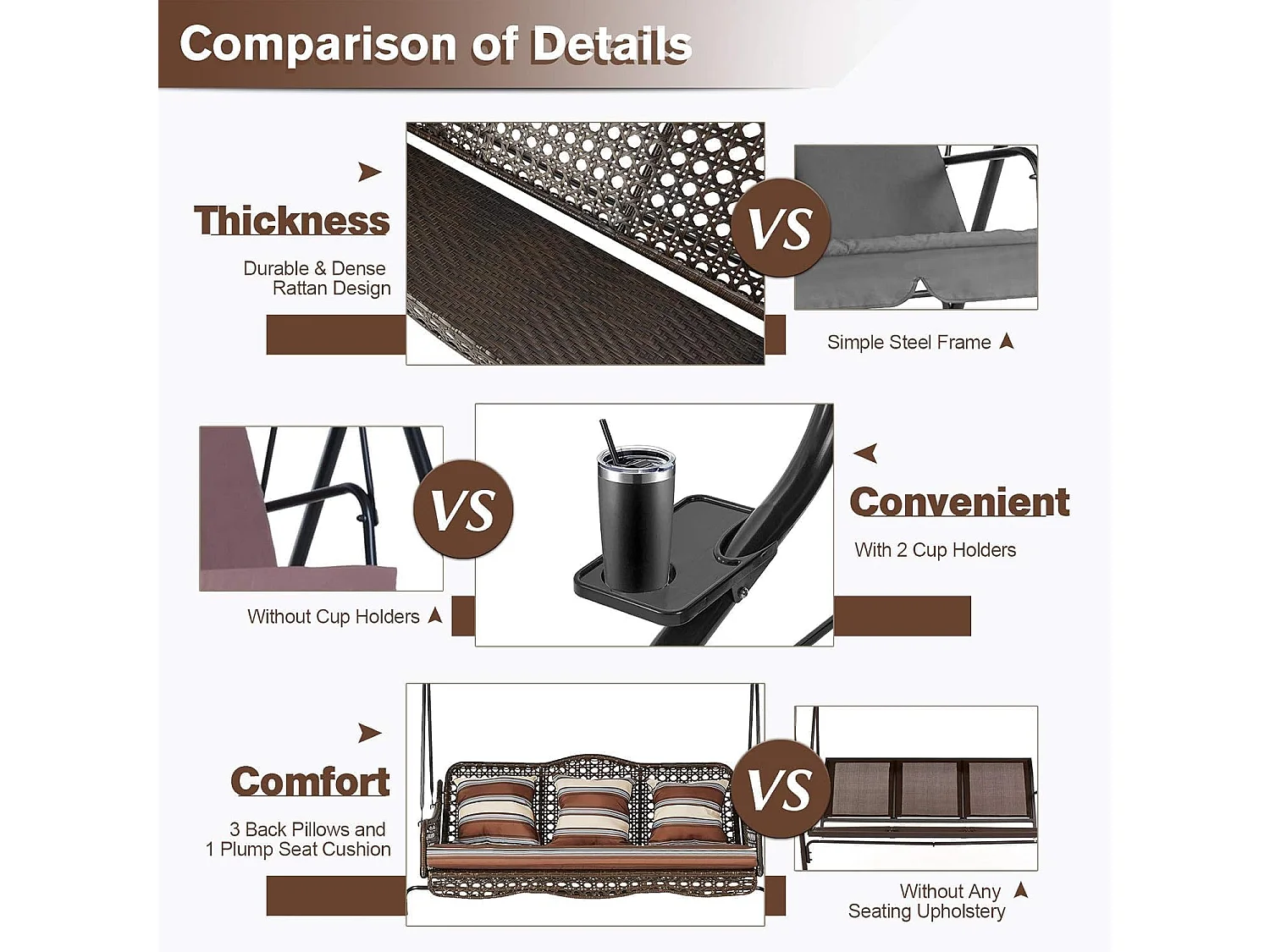 YODOLLA 3-Sitzer Hollywoodschaukel mit verstellbarem Baldachin, 2 Seitentabletts & Kissen - Rattan-Gartenschaukel mit Ständer für Balkon, Terrasse und Garten