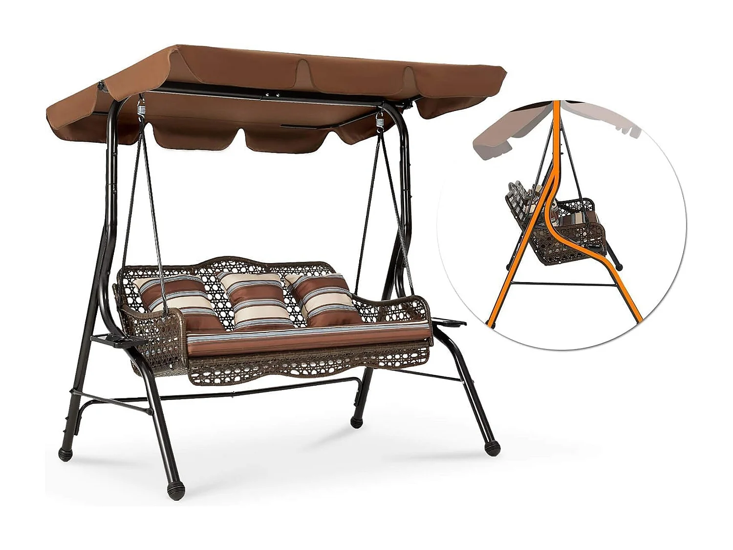 YODOLLA 3-Sitzer Hollywoodschaukel mit verstellbarem Baldachin, 2 Seitentabletts & Kissen - Rattan-Gartenschaukel mit Ständer für Balkon, Terrasse und Garten