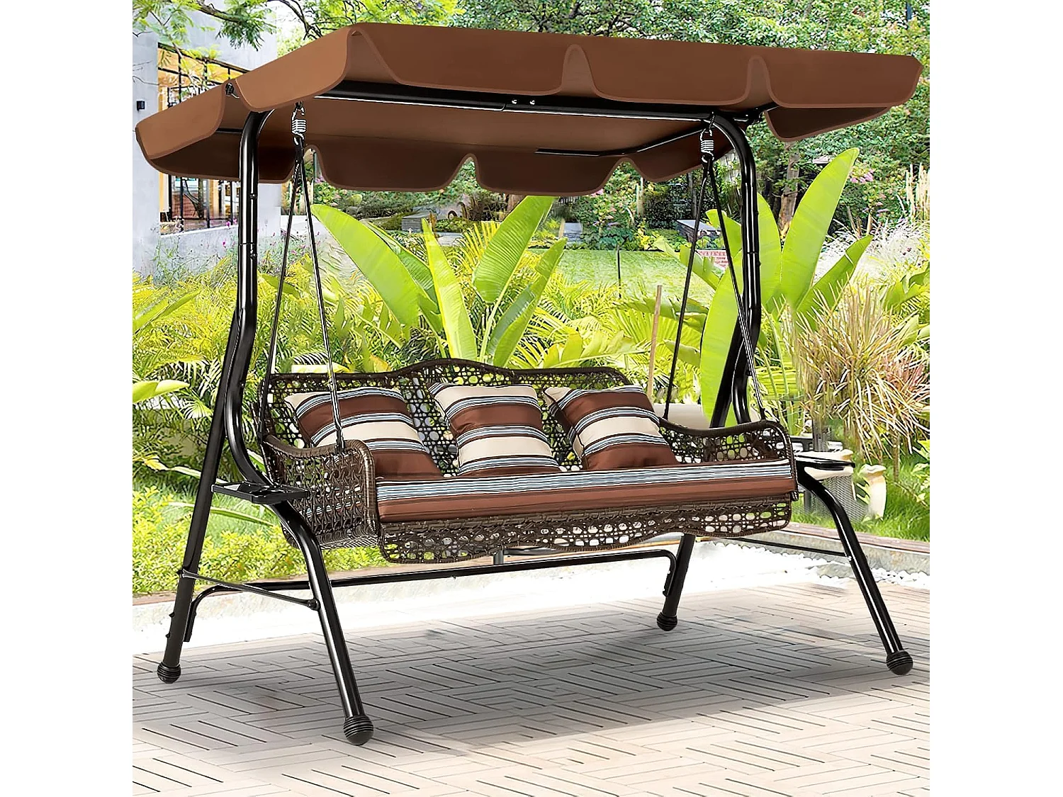 YODOLLA 3-Sitzer Hollywoodschaukel mit verstellbarem Baldachin, 2 Seitentabletts & Kissen - Rattan-Gartenschaukel mit Ständer für Balkon, Terrasse und Garten