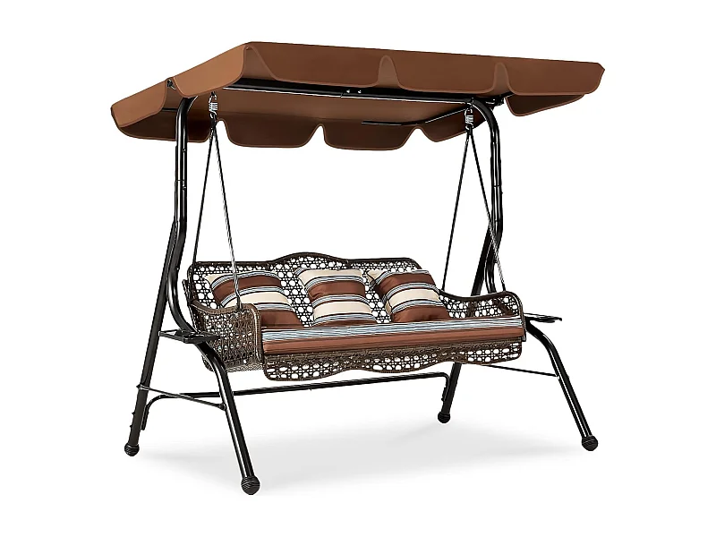 YODOLLA 3-Sitzer Hollywoodschaukel mit verstellbarem Baldachin, 2 Seitentabletts & Kissen - Rattan-Gartenschaukel mit Ständer für Balkon, Terrasse und Garten