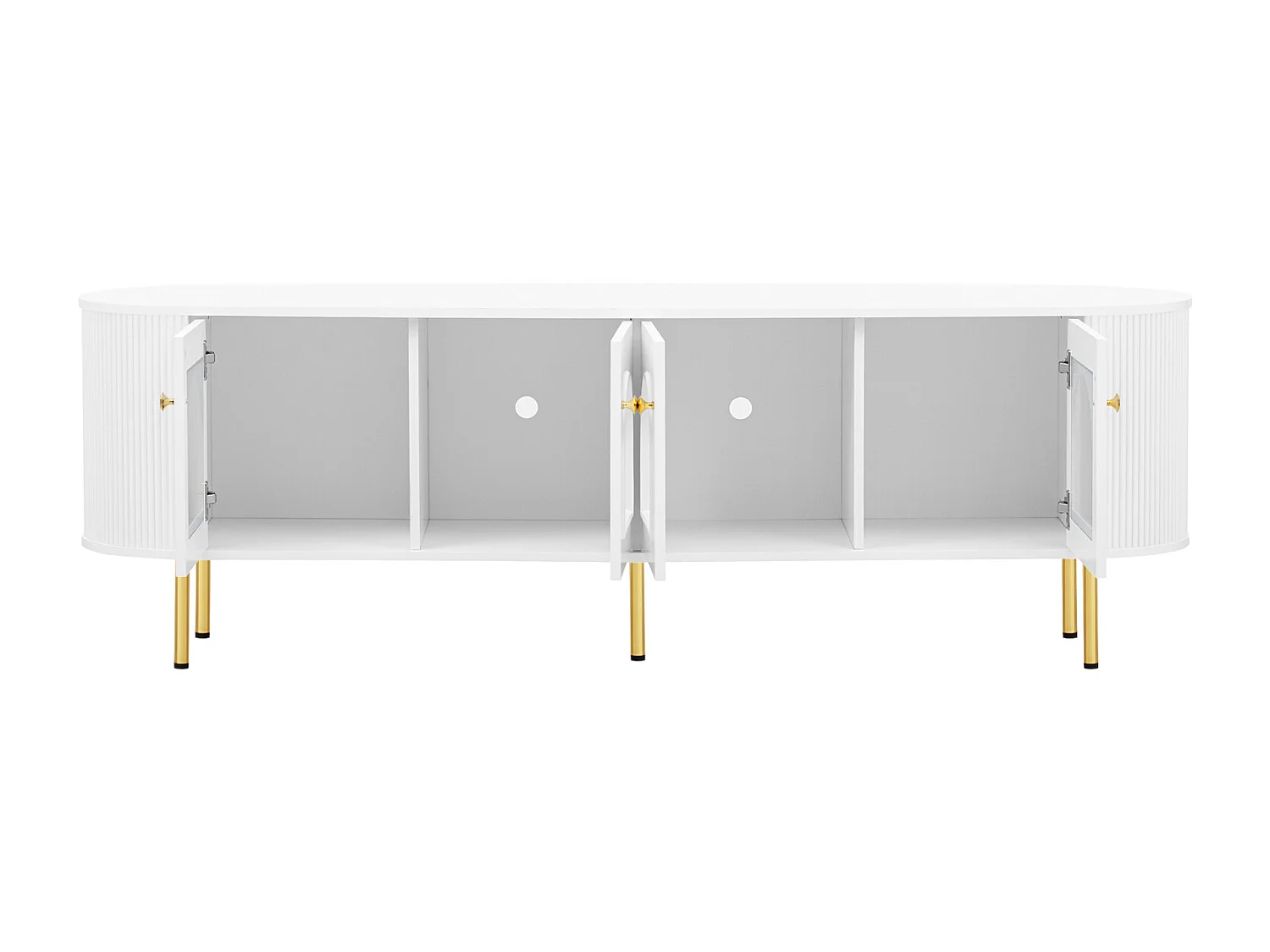 Meuble TV Blanc avec Portes en Verre et Accents dorés – 170 x 35 x 55 cm – avec poignées dorées