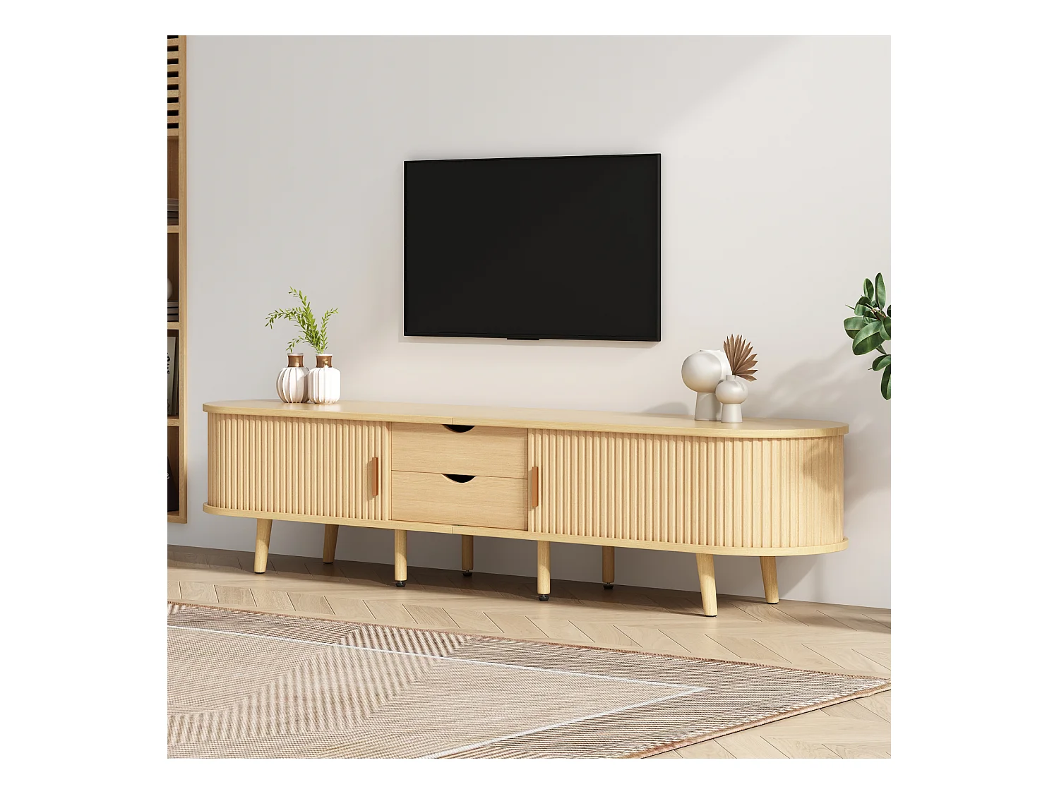 Mueble de TV para salón con espacio de almacenamiento y tablero redondo de MDF con veta de madera, 2 cajones, 175 x 40 x 42 cm