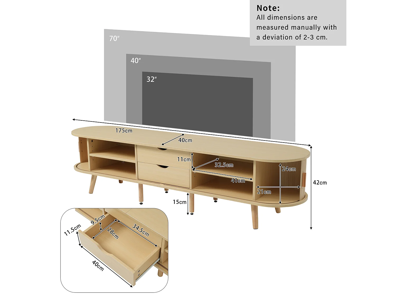 TV-Schrank Salon avec Rangement + Plateau Rond MDF Grain de Bois, 2 tiroirs, 175x40x42cm
