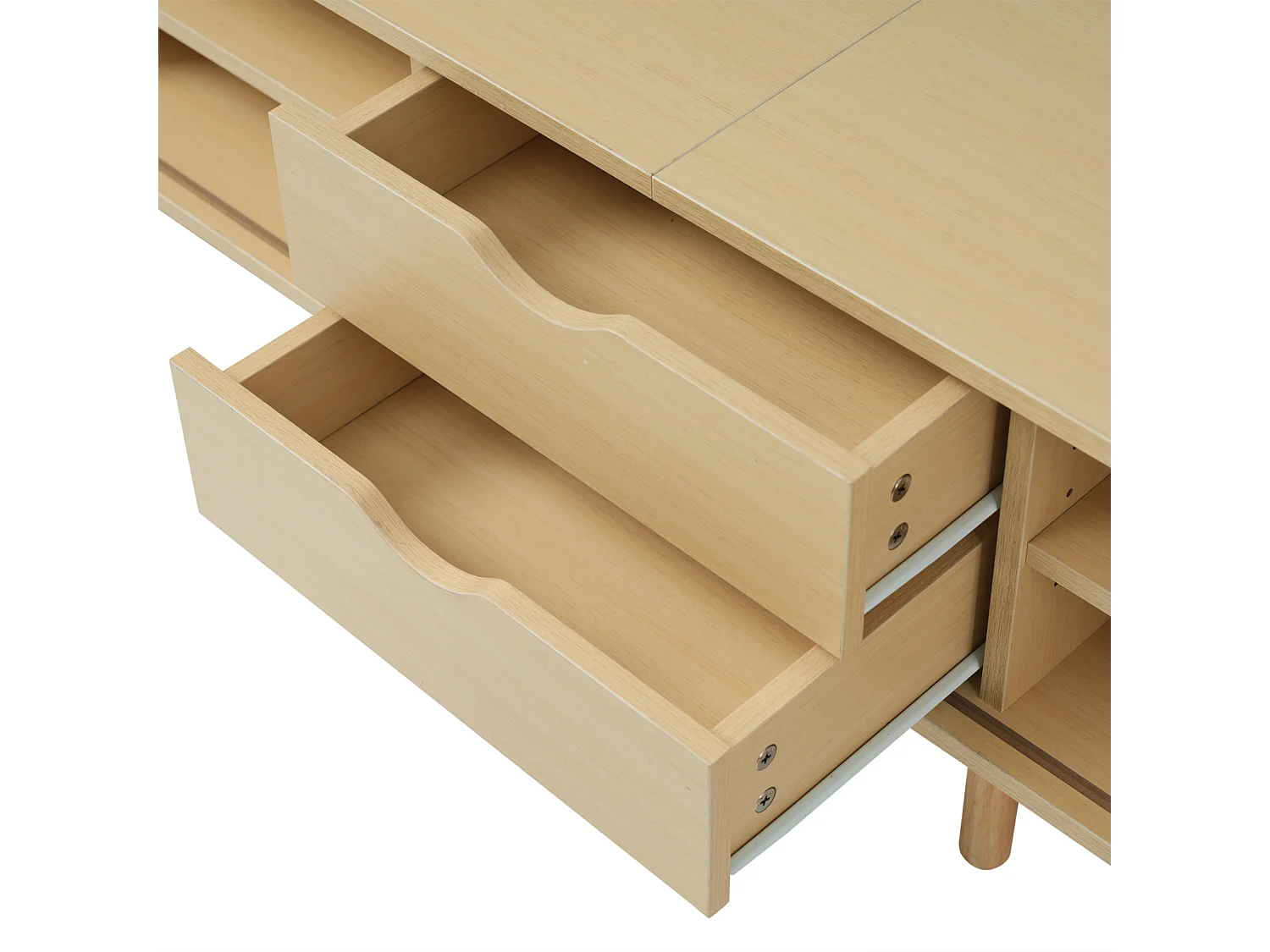 Mobile TV per soggiorno con contenitore + piano rotondo in MDF con venature del legno, 2 cassetti, 175x40x42cm