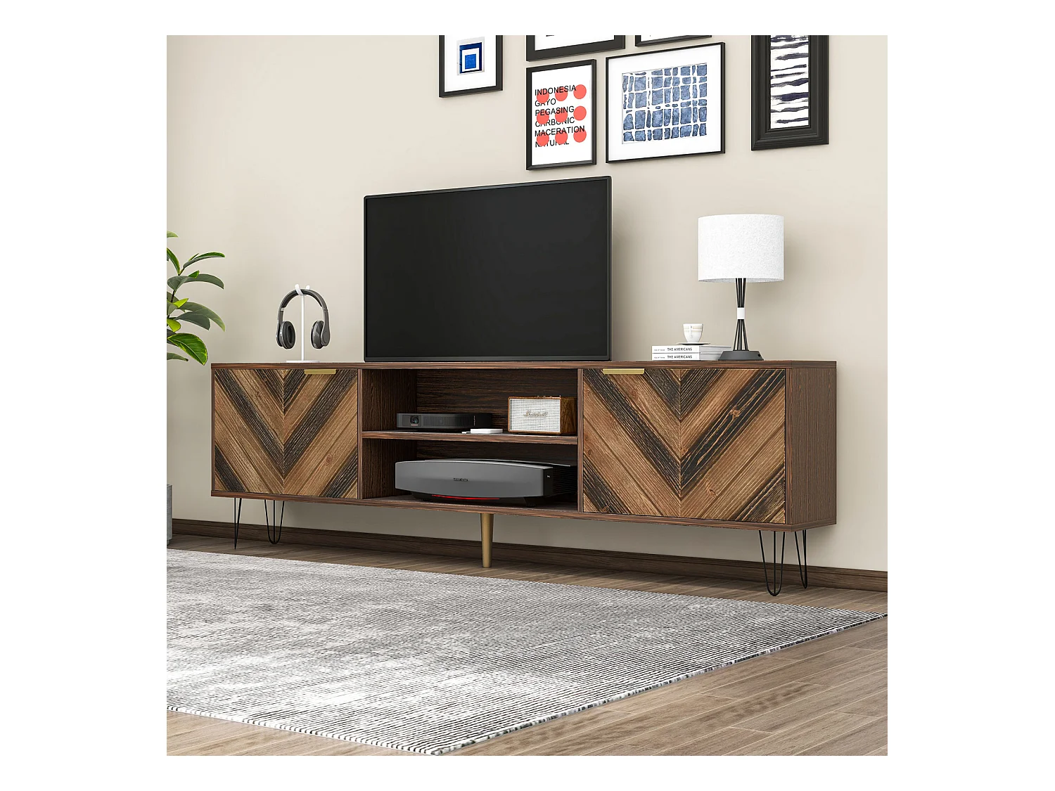 Mueble de TV bajo con 2 puertas y 2 compartimentos abiertos, para salón, dormitorio y oficina