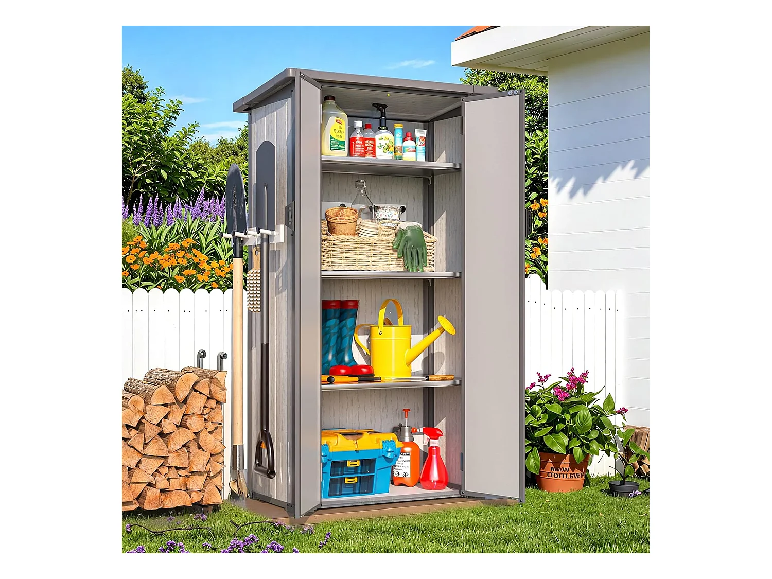 YODOLLA Harz-Außen-Werkzeugschrank wetterfest, 101x59x179cm ertikal hoch Gartenschrank mit verstellbaren Ablagen und verstärktem Boden für draußen, Grau