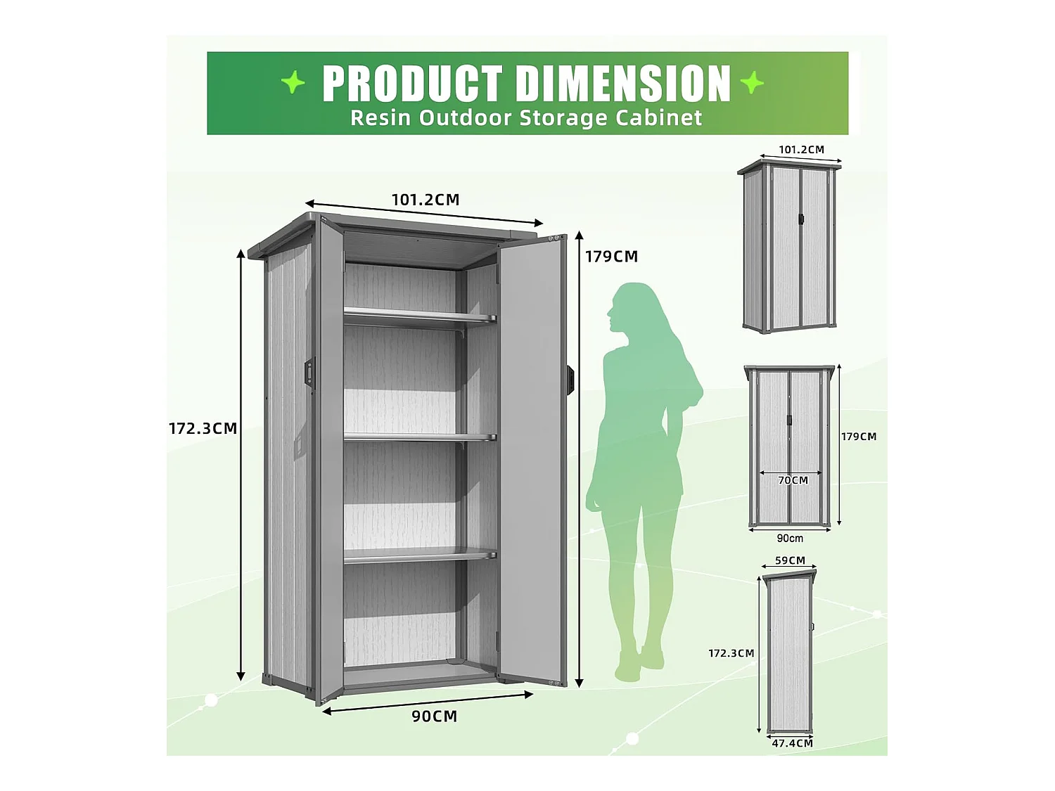 YODOLLA Harz-Außen-Werkzeugschrank wetterfest, 101x59x179cm ertikal hoch Gartenschrank mit verstellbaren Ablagen und verstärktem Boden für draußen, Grau