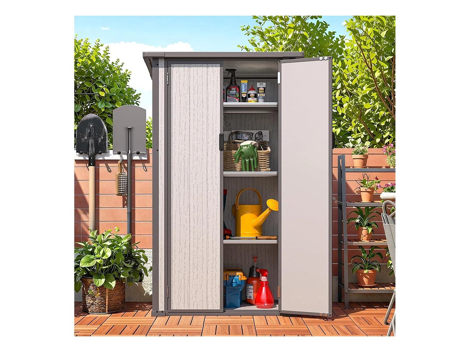 YODOLLA Harz-Außen-Werkzeugschrank wetterfest, 101x59x179cm ertikal hoch Gartenschrank mit verstellbaren Ablagen und verstärktem Boden für draußen, Grau