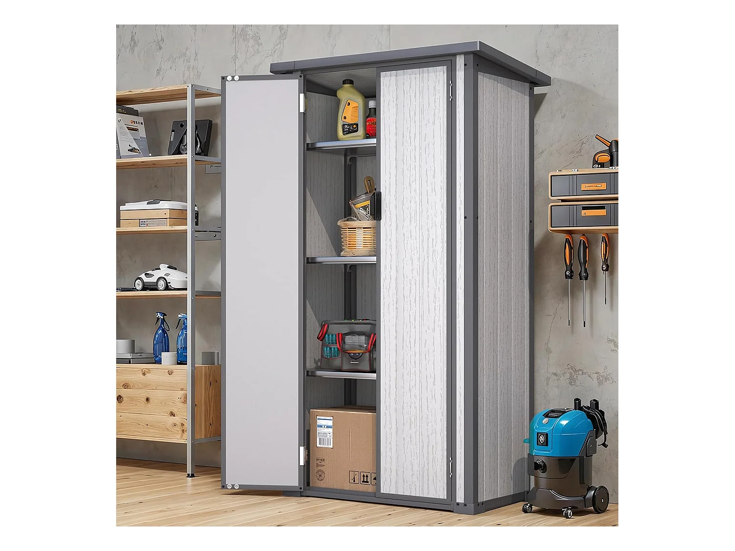 YODOLLA Harz-Außen-Werkzeugschrank wetterfest, 101x59x179cm ertikal hoch Gartenschrank mit verstellbaren Ablagen und verstärktem Boden für draußen, Grau