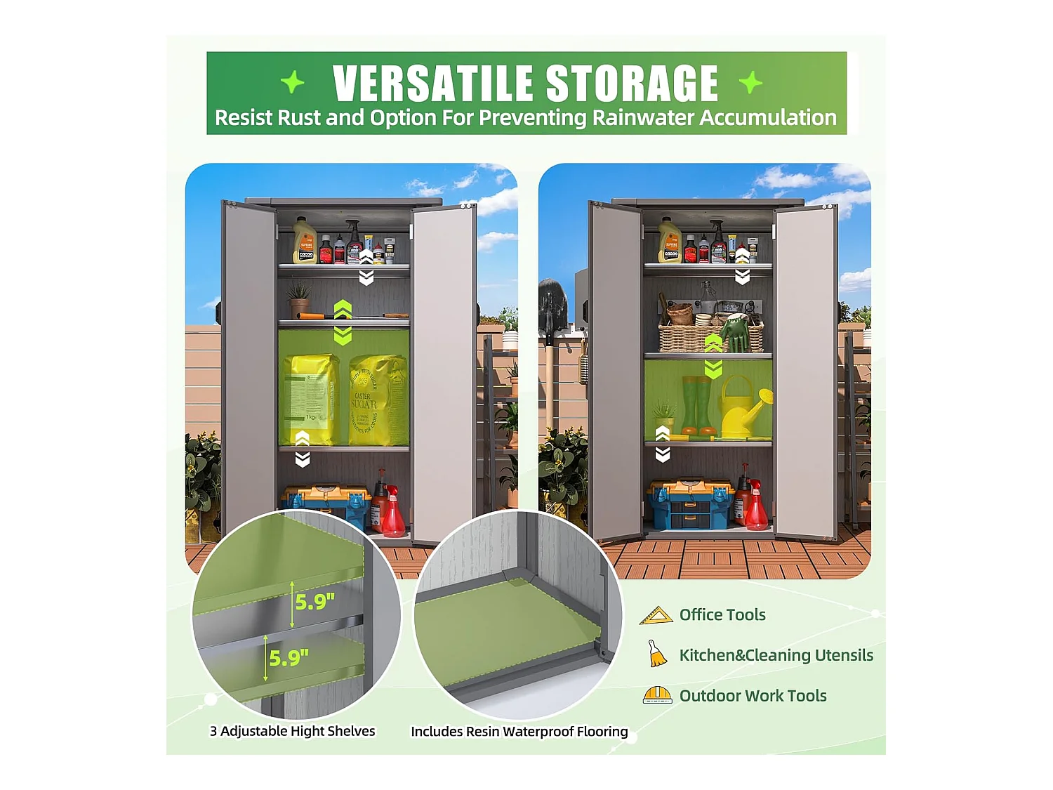 YODOLLA Harz-Außen-Werkzeugschrank wetterfest, 101x59x179cm ertikal hoch Gartenschrank mit verstellbaren Ablagen und verstärktem Boden für draußen, Grau