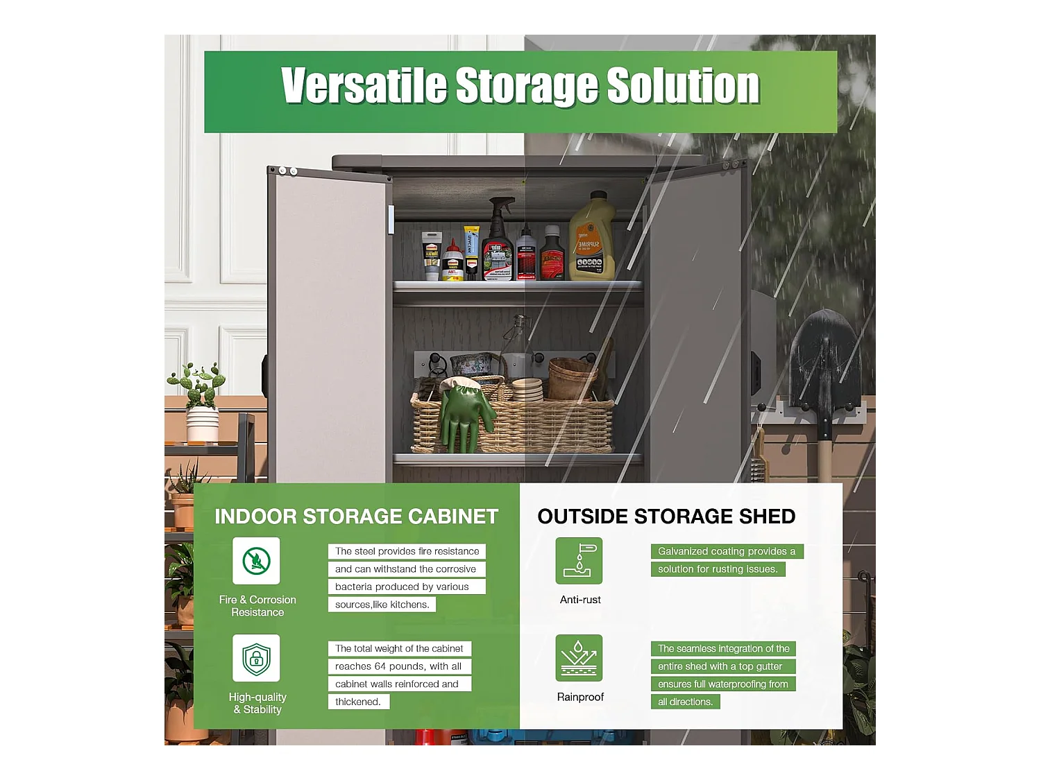 YODOLLA Harz-Außen-Werkzeugschrank wetterfest, 101x59x179cm ertikal hoch Gartenschrank mit verstellbaren Ablagen und verstärktem Boden für draußen, Grau