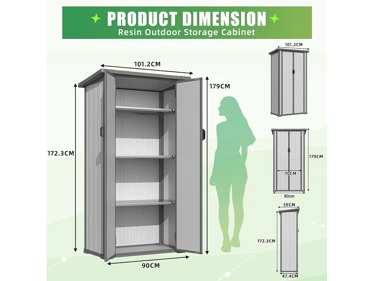 YODOLLA Harz-Außen-Werkzeugschrank wetterfest, 101x59x179cm ertikal hoch Gartenschrank mit verstellbaren Ablagen und verstärktem Boden für draußen, Grau