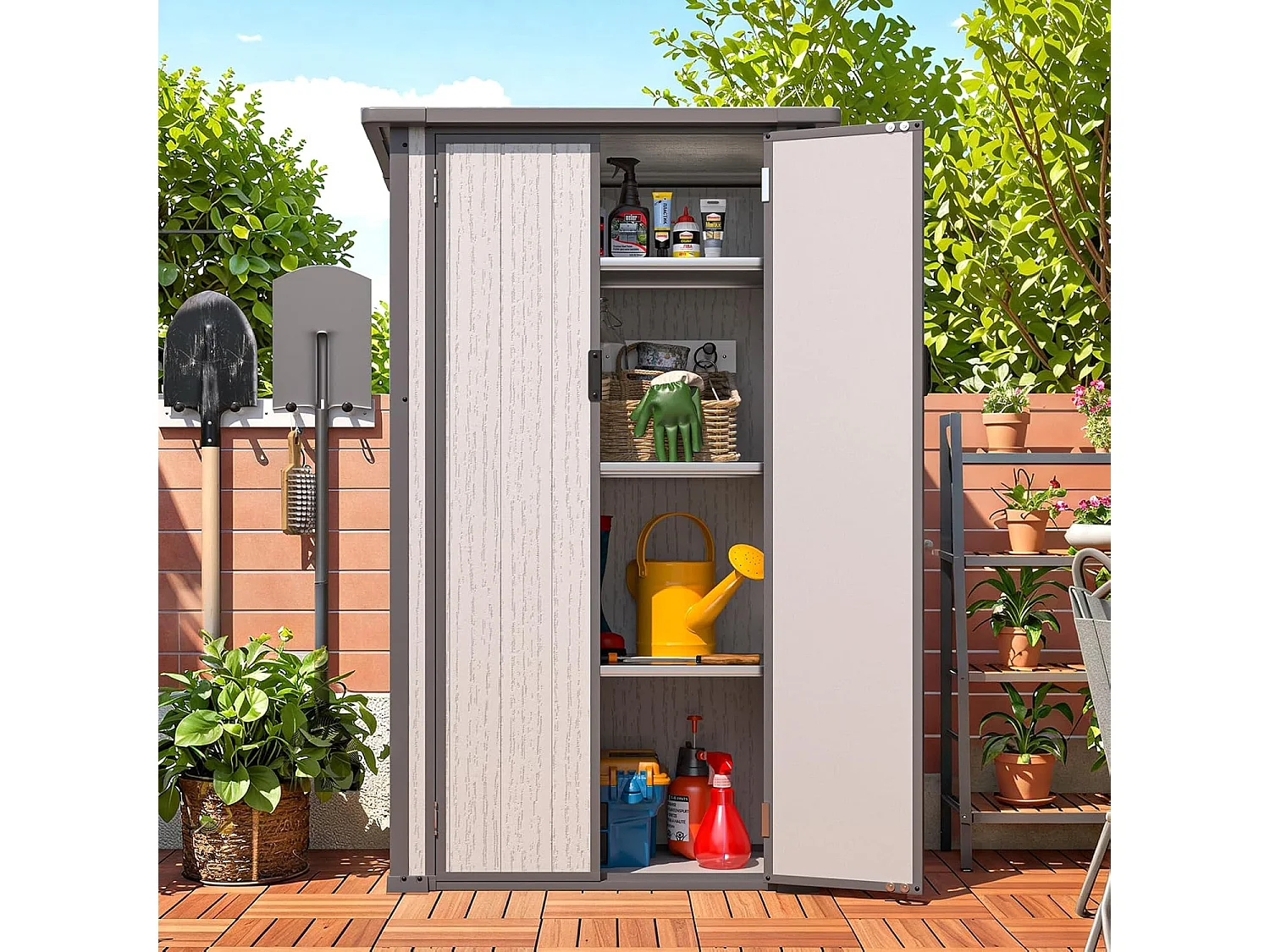 YODOLLA Harz-Außen-Werkzeugschrank wetterfest, 101x59x179cm ertikal hoch Gartenschrank mit verstellbaren Ablagen und verstärktem Boden für draußen, Grau