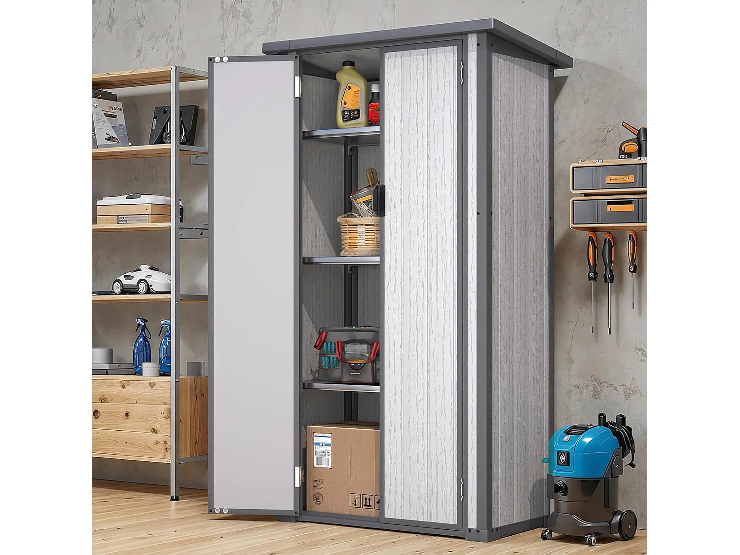 YODOLLA Harz-Außen-Werkzeugschrank wetterfest, 101x59x179cm ertikal hoch Gartenschrank mit verstellbaren Ablagen und verstärktem Boden für draußen, Grau