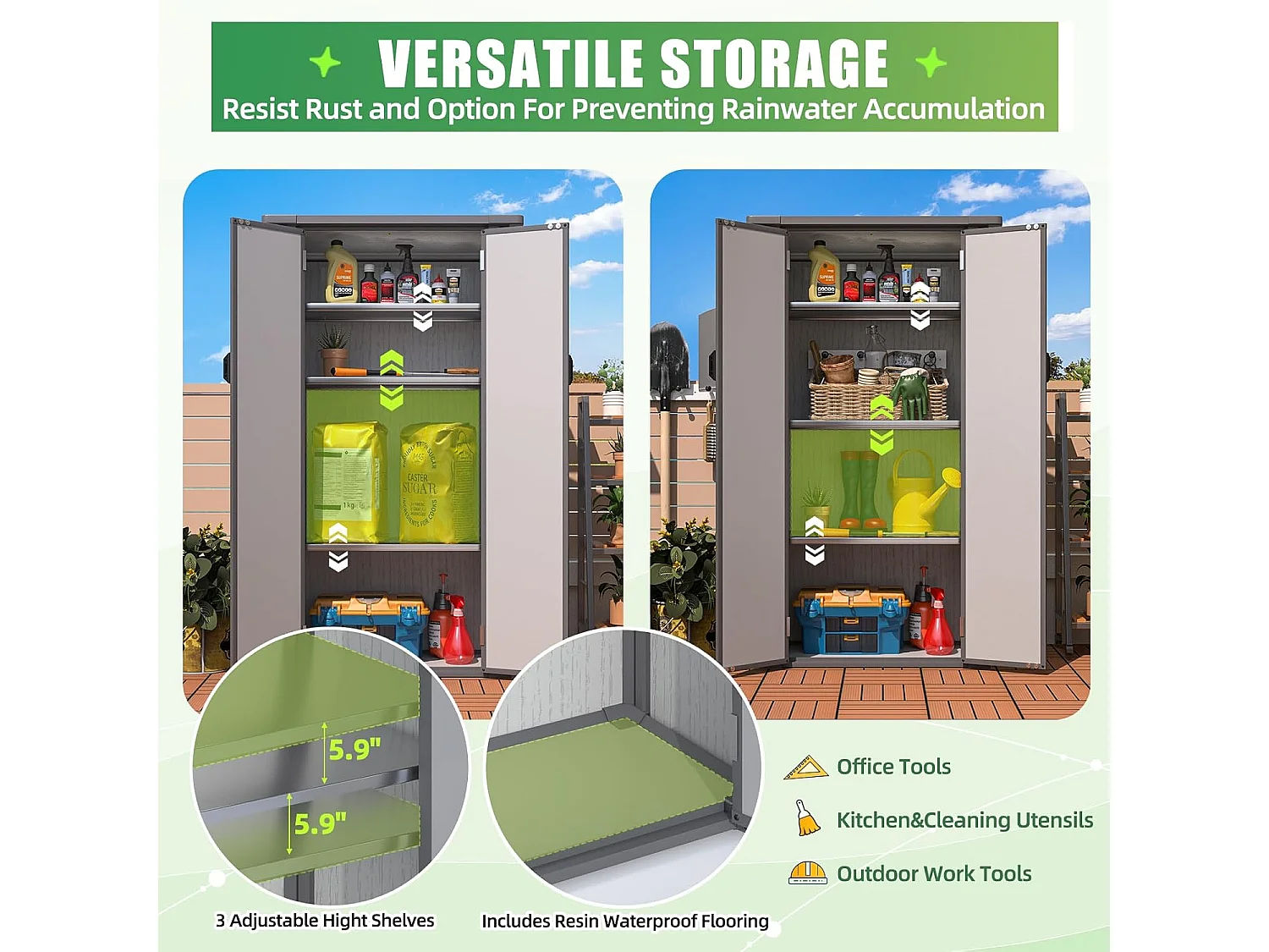 YODOLLA Harz-Außen-Werkzeugschrank wetterfest, 101x59x179cm ertikal hoch Gartenschrank mit verstellbaren Ablagen und verstärktem Boden für draußen, Grau